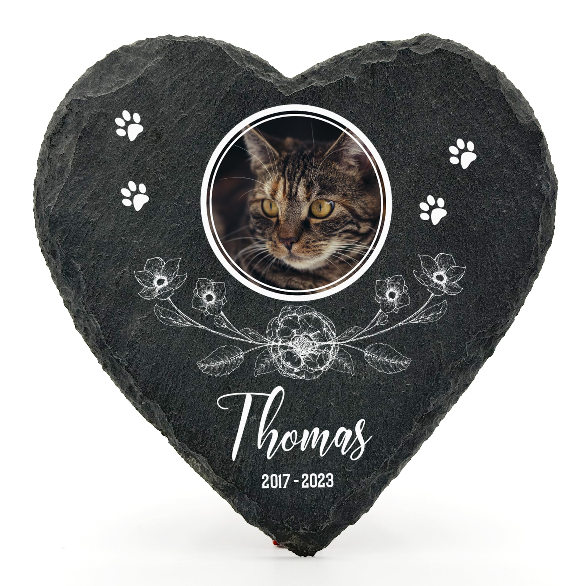 TULLUN Personalised Memorial Heart Shape Plaque For Pet Cat Dog Slate Natural Stone Frame Paw Grave Marker - Floral - Size | 4" x 4" or 10 x 10 cm|