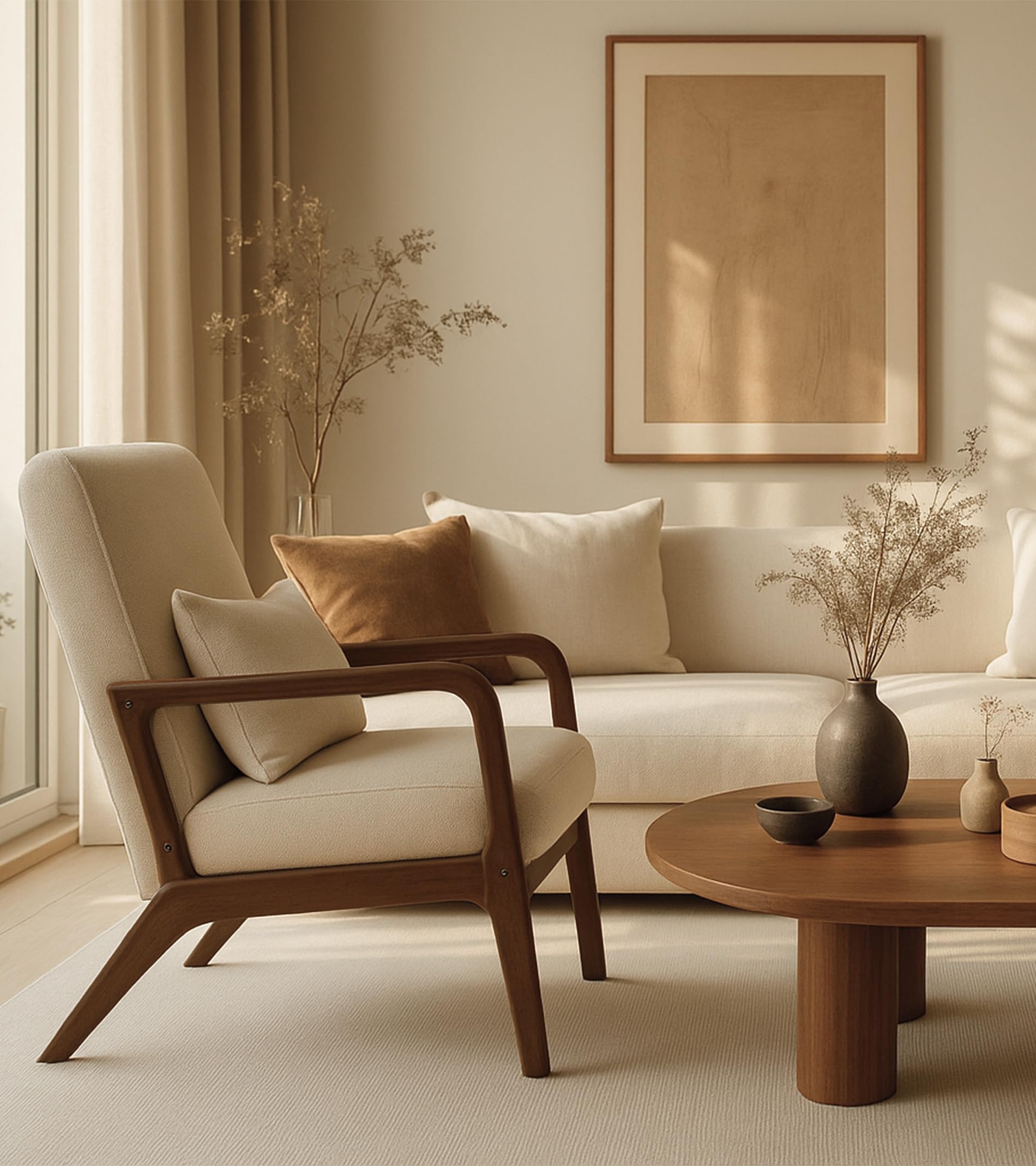SWEET SOFA® - Butaca nórdica de Madera Maciza Nicole, tapizada Antimanchas, con cojín Incluido. 78x75x65cm (Beige)