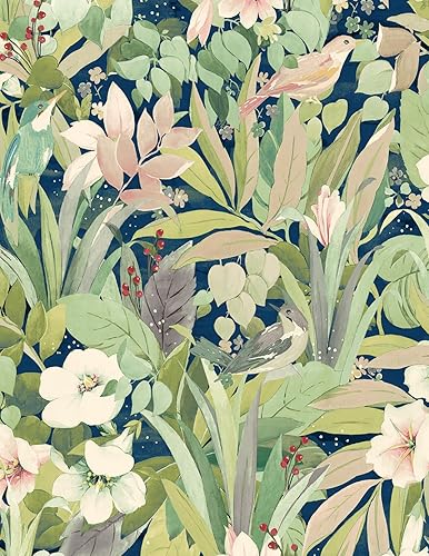 NextWall Papel tapiz para despegar y pegar de pájaros florecientes (helecho y azul mezclilla)