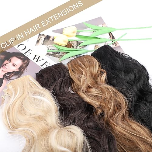 Miniatura 5 de Extensiones de cabello sintético con reflejos, 24 pulgadas, color marrón oscuro, extensiones de cabello sintético largo y ondulado con clip,