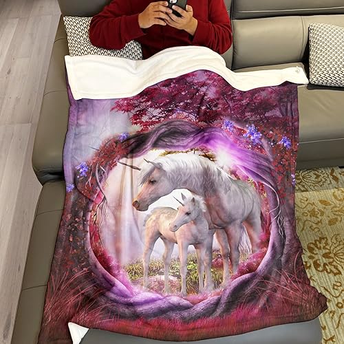 Miniatura 3 de Mantas de forro polar para sofá cama, unicornio, caballo, animal mágico, rosa y árbol rojo, 60 x 80 pulgadas