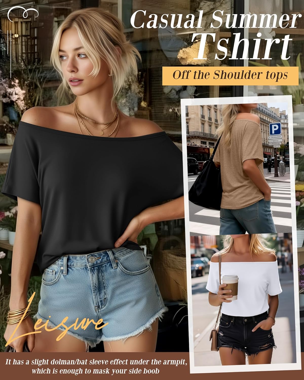 Riyiper 3 Pack Women's Off the Shoulder Shirts, Loose Fit Flowy Tops Short Sleeve Casual Summer Tshirt Athletic Workout Tunic - Image 3