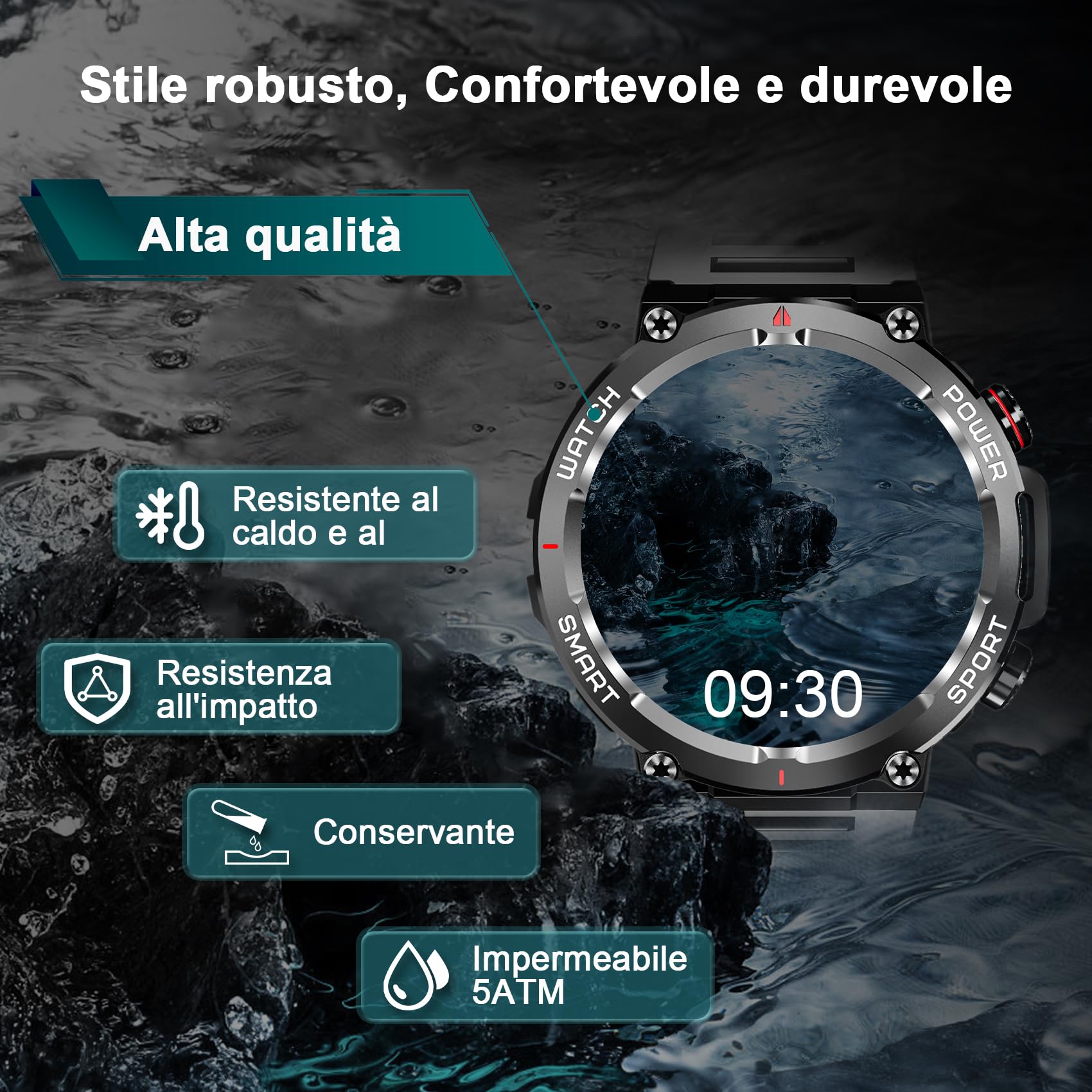 IOWODO Smartwatch Uomo,Orologio Fitness Chiamate Bluetooth,Smart Watch Militari Tracker con Cardiofrequenzimetro,SpO2, Monitoraggio del Sonno,100+ Modalità Sport Compatibile Android con iOS