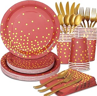 Gold Party Supplies Paper Plates and Napkins 168Pcs Red Party Plates Gold Dot Disposable Party Paper Dinnerware Sets for Birthday Wedding Bridal Shower Baby Shower Graduation Decoration…