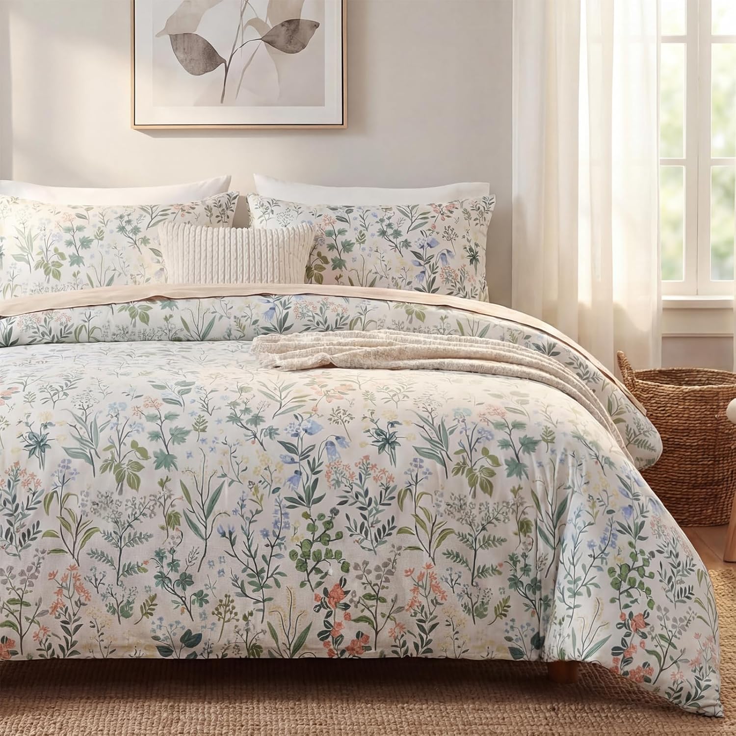 Cozaline Duvet Cover Queen Size 100% Cotton Comforter Cover Green Floral Breathable Duvet Cover with Zipper Closure & Corner Ties 3 Pcs Green Fragrant Grass Duvet Cover Set