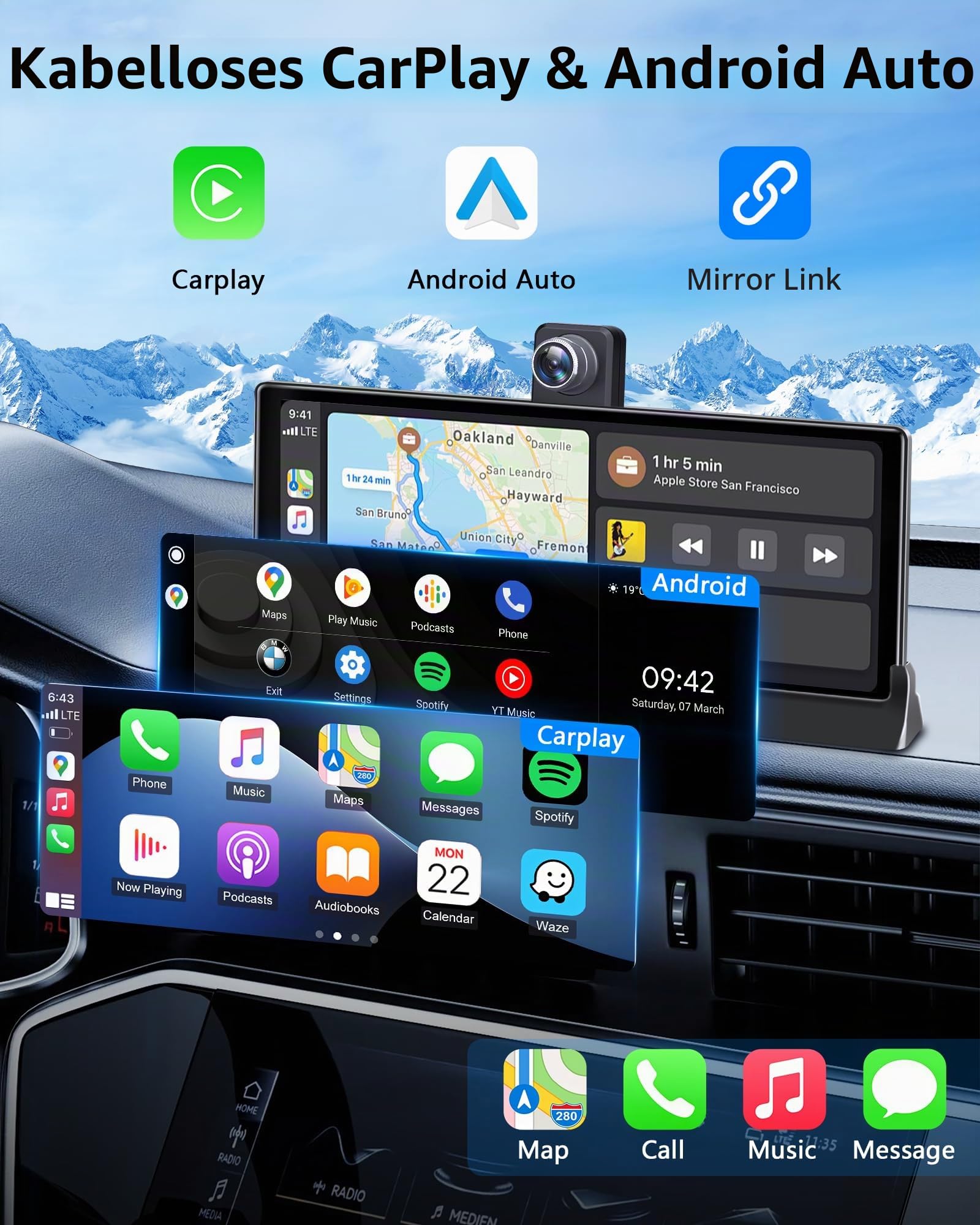 4K Apple Carplay Android Auto Display mit Exklusive Halterung, 350° Drehbare 10,26 Zoll Auto Display Car Play Bildschirm, Buddy Display mit Siri/G-oogle GPS Navigation Bluetooth 64GB TF-Karte