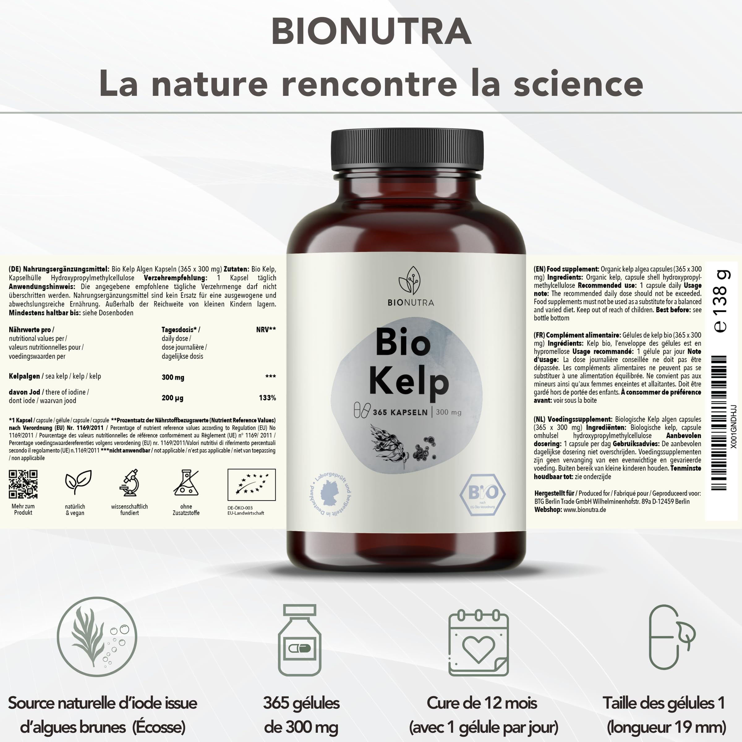 BIONUTRA® Gélules d’iode bio hautement dosées – issues de kelp brun bio d’Écosse, 200 µg/jour, contrôlées résidus, fabrication allemande, véganes, sans additifs, 365 gélules x 300 mg