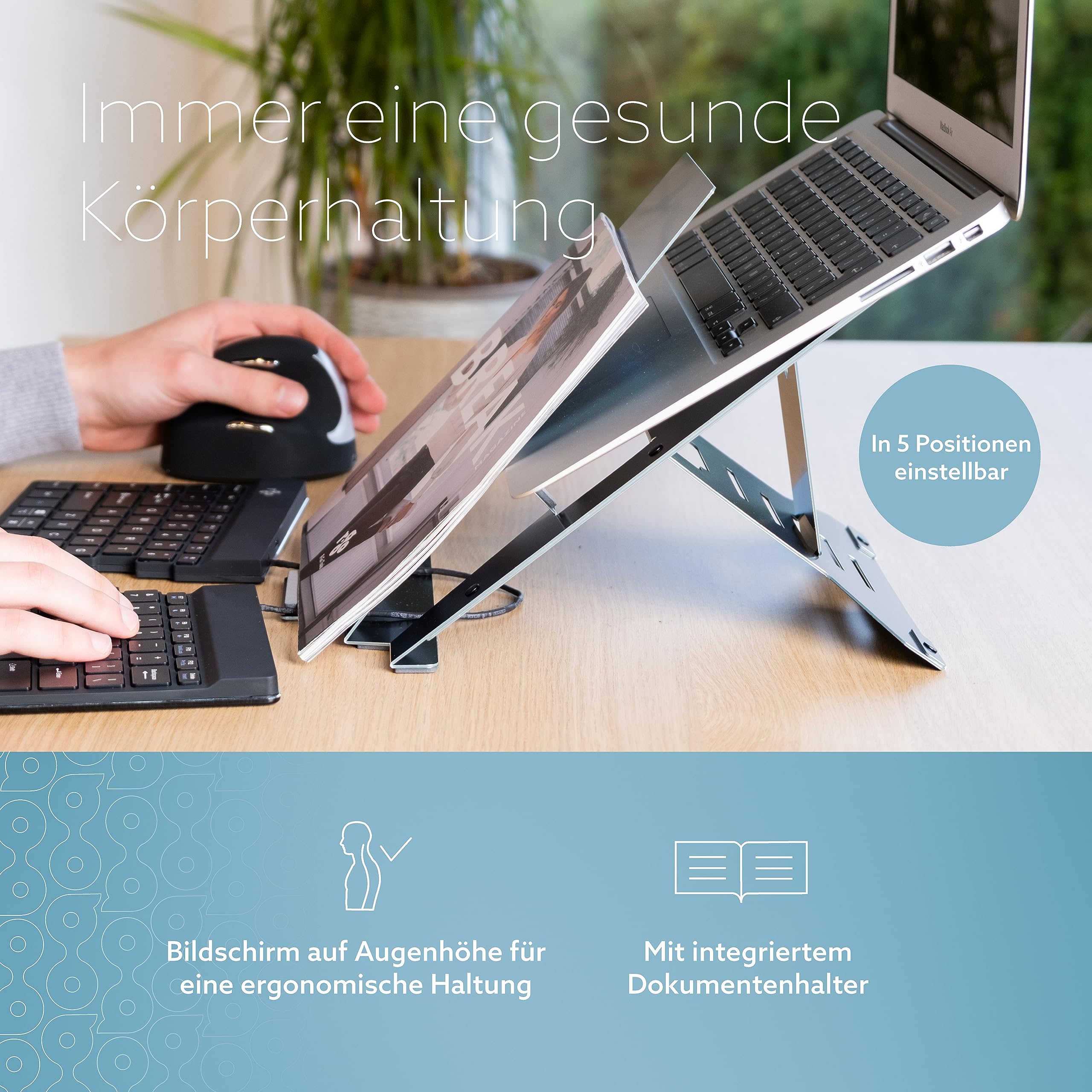 R-GO Riser Document, Laptop Ständer mit Dokumentenhalter, Verstellbarer Laptop Riser Für Büro Oder Zuhause, Ultra-Dünnes Aluminium, Kompatibel für Laptops (10-22 Zoll), Schwarz