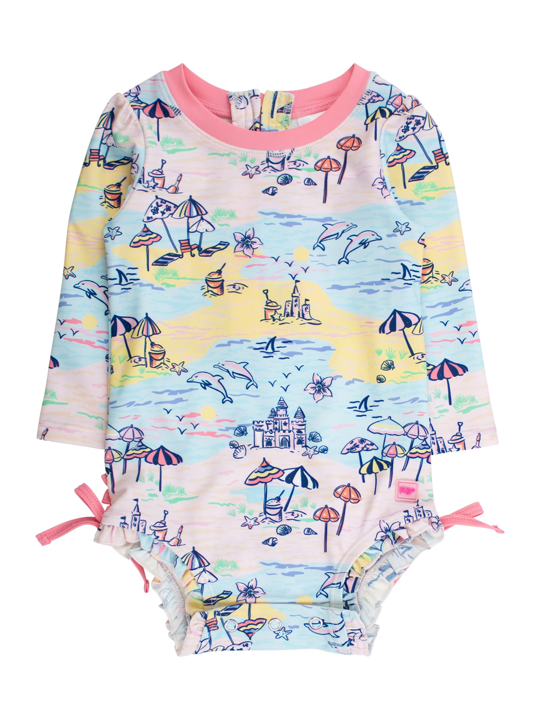 RuffleButts Baby Girls Novelty Baby One Piece - Rash Guard Swimsuit | 80% Nylon 20% Spandex, UPF 50+, Lightweight, Medium Stretch, Full Seat Coverage, Bottom Snaps, Unlined, Infant Beach Swim