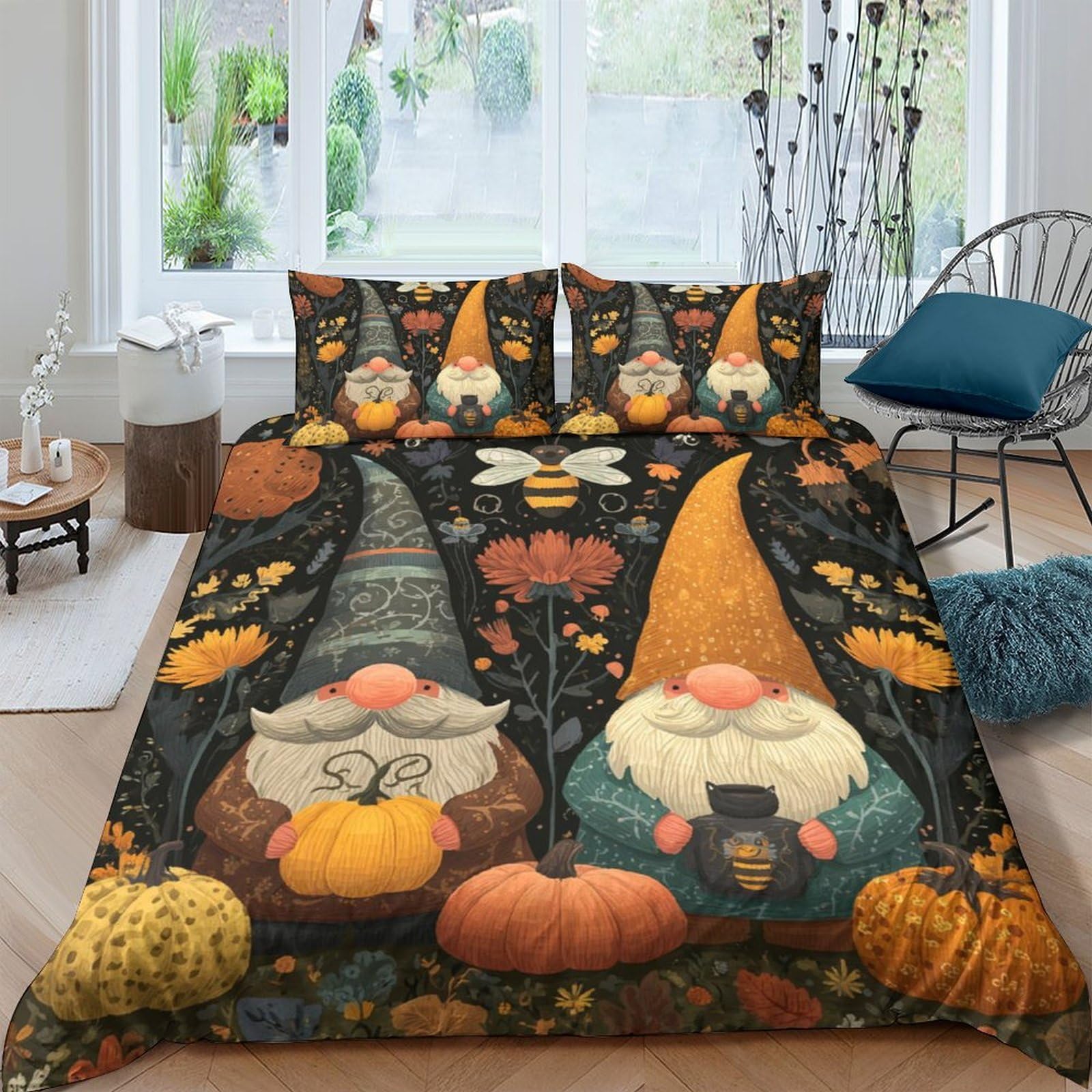 Ctjqhvkz Style-5 3D Printed Autumn Gnome Fitted Sheet Microfiber Soft Pumpkin Harvest Bed Cover For Bedroom Guest Room Decor Single（135X200cm）