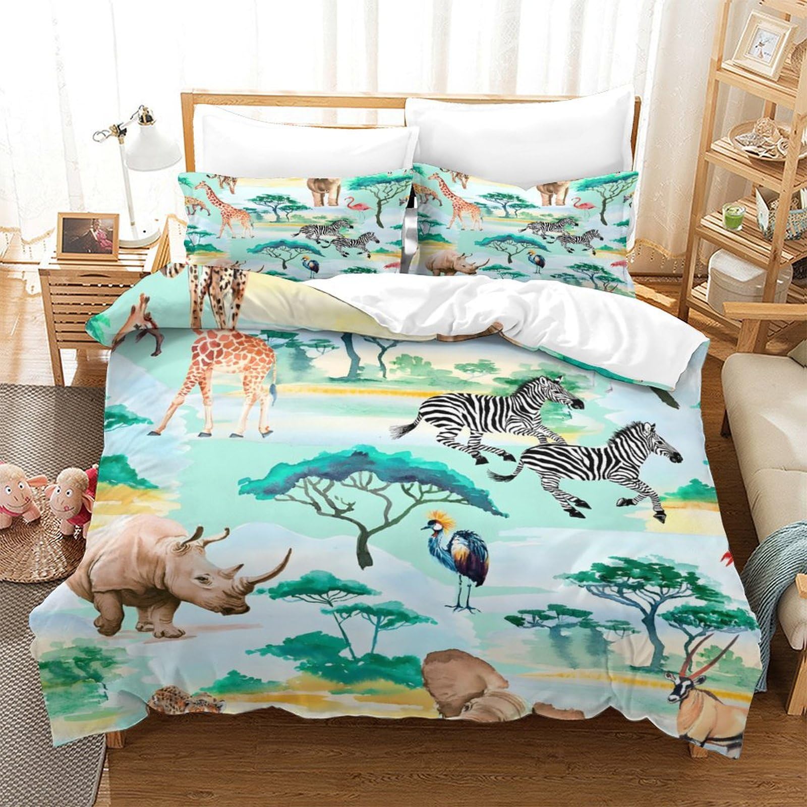 GDEKCIEAS African Animals Birds Boys Bedding Set 3D Bedding Duvet Cover Set Comforter Cover Set Bedspread Cover Bedroom Quilt Cover 3Pcs Single（140x200cm）