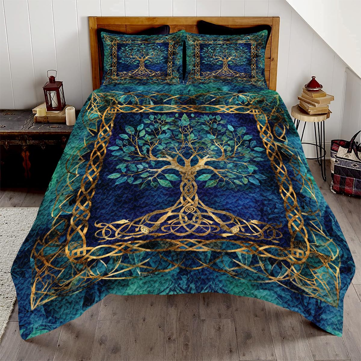 Jeminise Personalized Tree of Life Quilts, Yggdrasil Quilt King Comforter Full Size Bed Set, Celtic Yggdrasil Bedding Set - Celtic Quilt Tree of Life