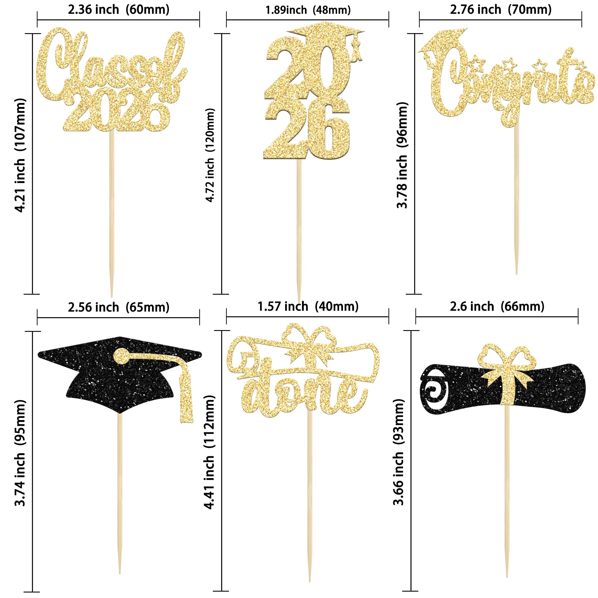 Graduation Cupcake Toppers 2026 Gold Glitter Class of 2026 Cupcake Toppers Supplies 2026 Congrats Grad Cap Diploma Cupcake Picks for Graduation Party Decorations 2026 24Pcs - Image 2