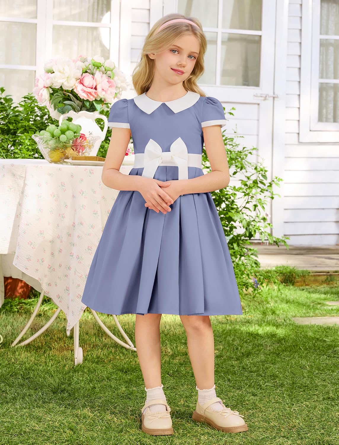 ODIZLI Kids Girls 1950s Retro Vintage Dress Short Puff Sleeve Contrast Panel Swing Party Dresses - Image 5