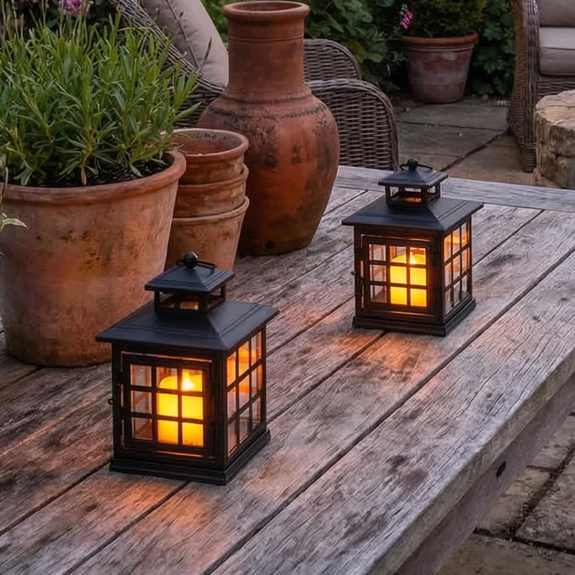 TRIROCKS Juego de 2 faroles decorativos de metal para velas, faroles colgantes perfectos para decoración del hogar, Halloween, sala de estar, fiestas, eventos, mesa, interiores y exteriores (negro)