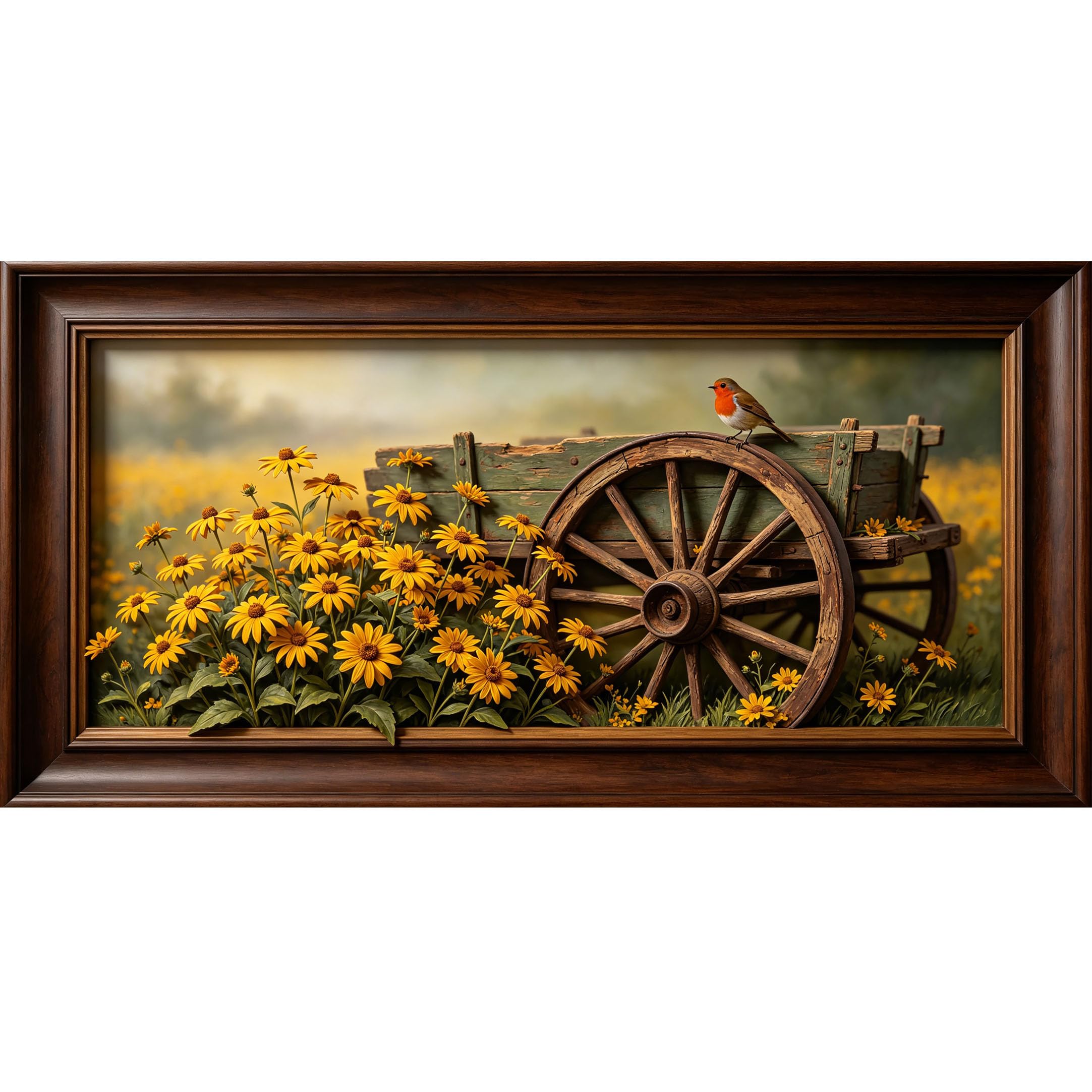 Agglomerix 3D Framed Wall Art Rustic Wooden Wagon Yellow Daisy Bird Farmhouse Botanical Oil Painting Large Size Self-Adhesive Removable Wall Decor Prints Artwork for Living Room Bedroom Office