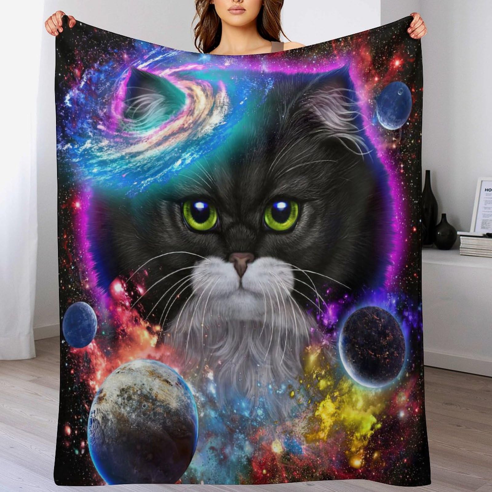 Galaxy Space Cat Comfort Fur Throw Blanket - Soft, Warm, Cozy, Luxury, Fluffy Blankets for Couch And Bed - Throws for Sofa for Kids Teen Young Boys Girls,（180×200cm）
