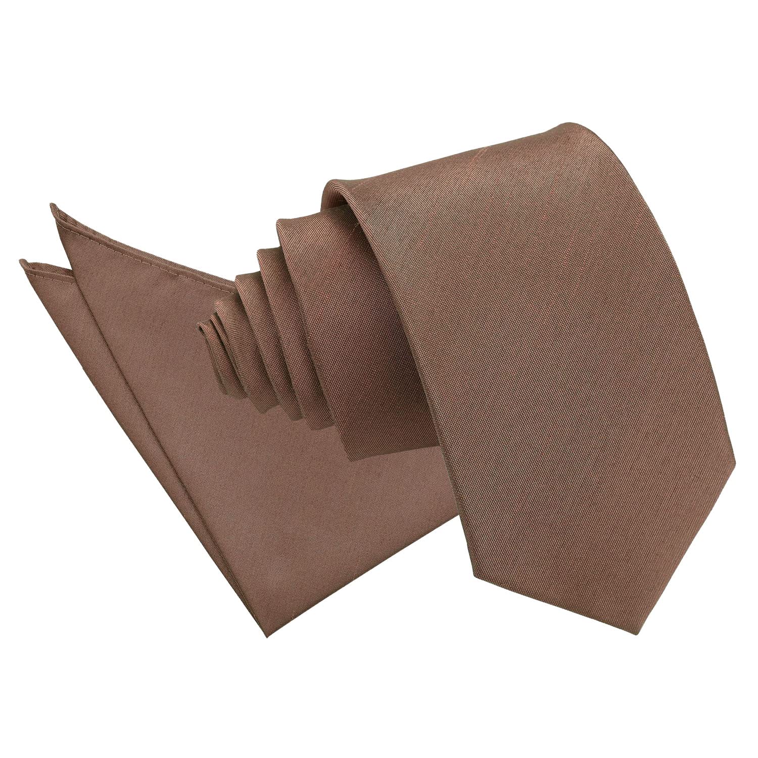 DQT Mens Plain Shantung 7cm Slim Tie & Pocket Square Set – Wedding Business Formal Necktie - Bronze