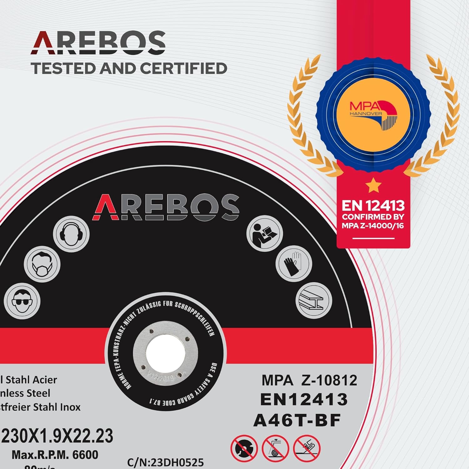 AREBOS cutting disc with useful information including direction of rotation, type of cut, and maximum RPM