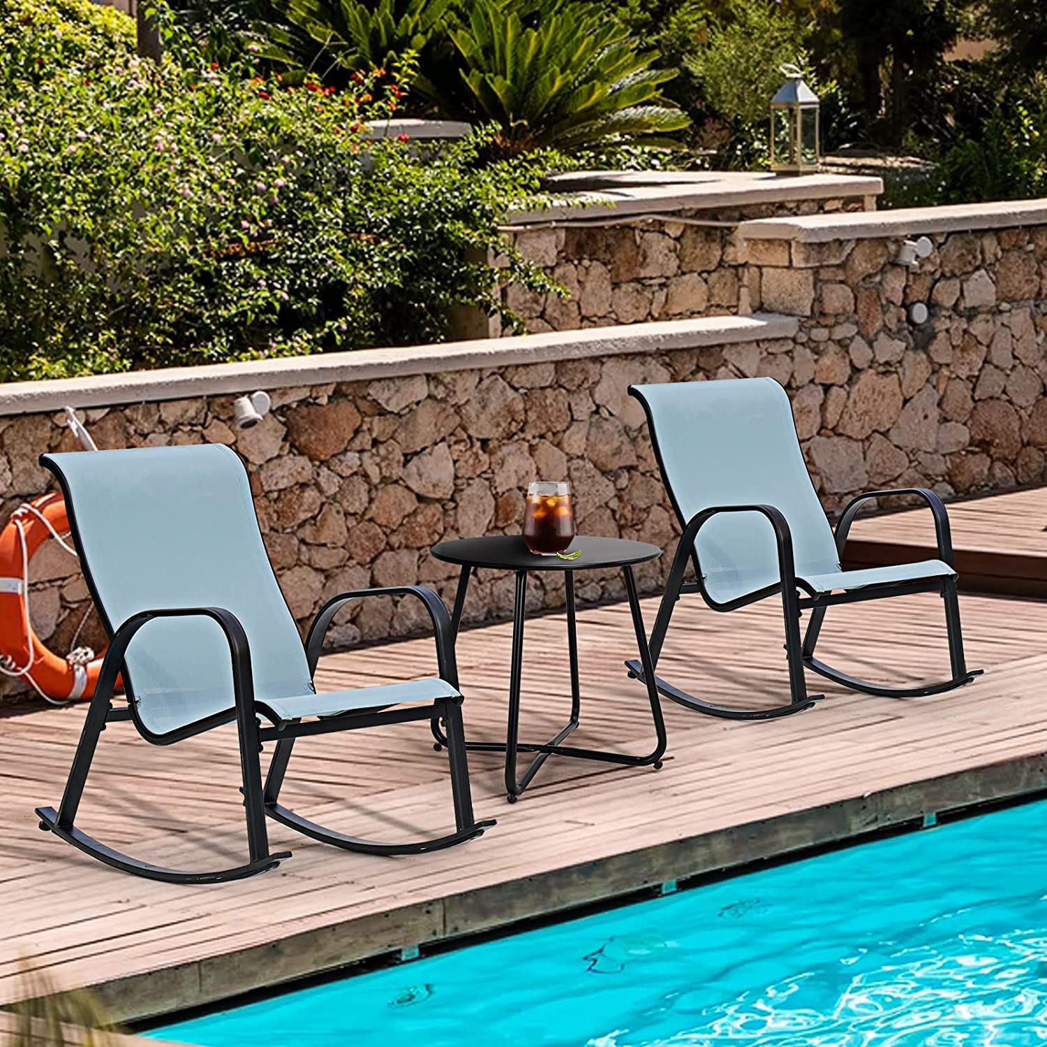 Grand patio Textilene Mecedora, Mecedor de Patio, Resistente a la Intemperie, Ligero, Sillón Relax para Interior, Exterior(Azul, 3PC)