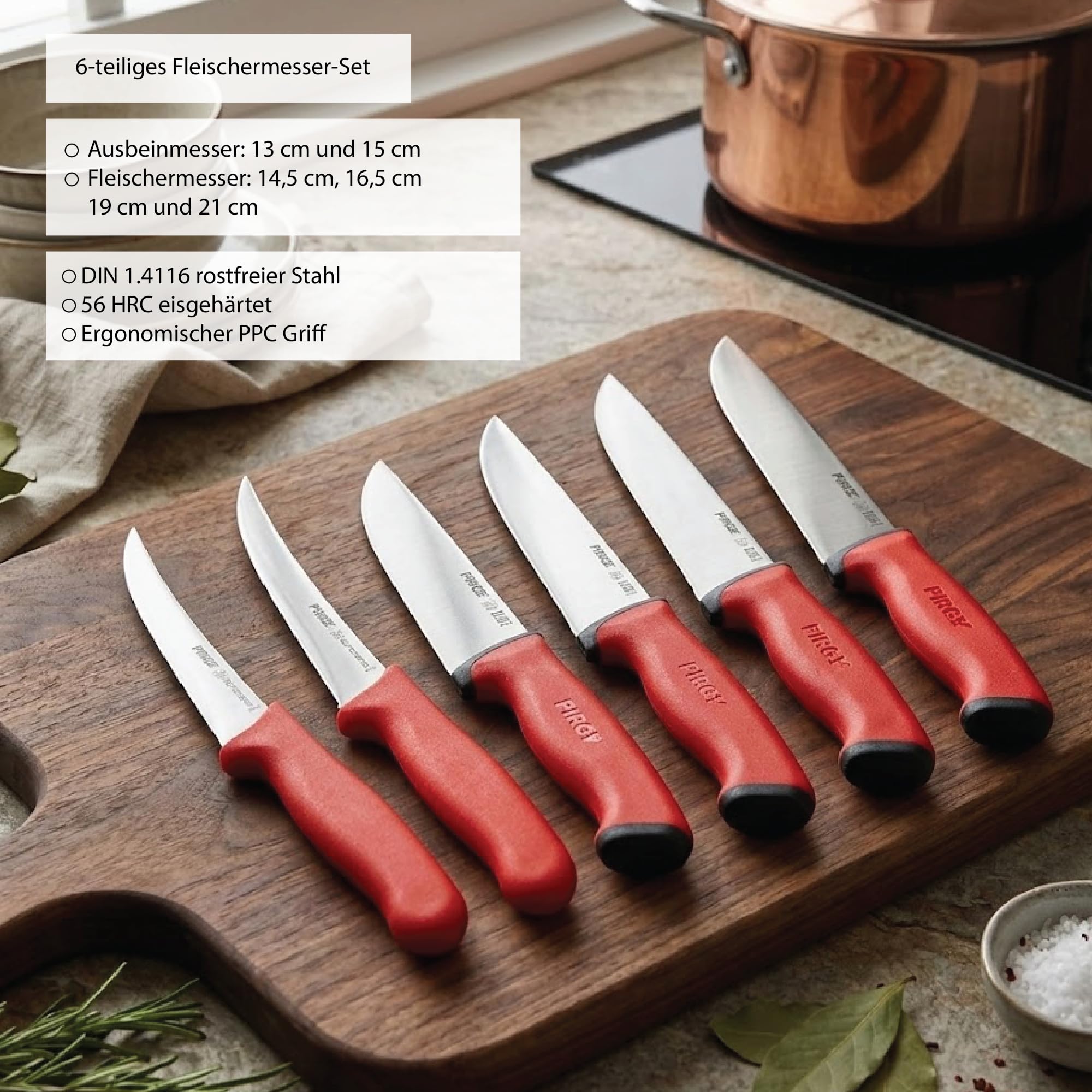 Pirge Set di coltelli da macellaio, 6 pezzi, coltelli da macellazione con impugnatura antiscivolo - Coltelli da carne - Affilatura eccellente - Coltelli da disosso
