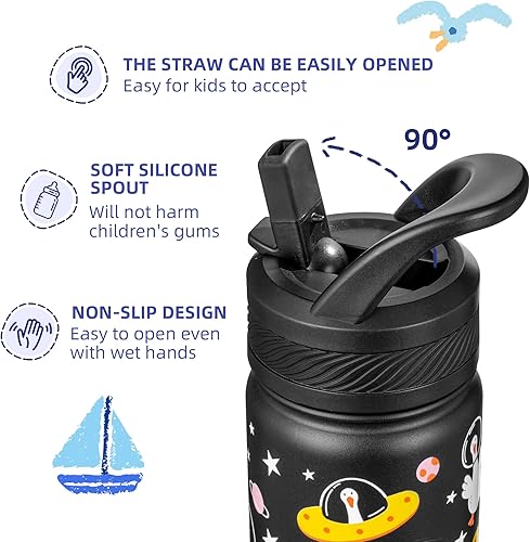 Miniatura 3 de Fanhaw Botella de agua para niños con tapa con pajilla, vaso reutilizable de acero inoxidable aislado de 14 onzas para la escuela, niñas y niños