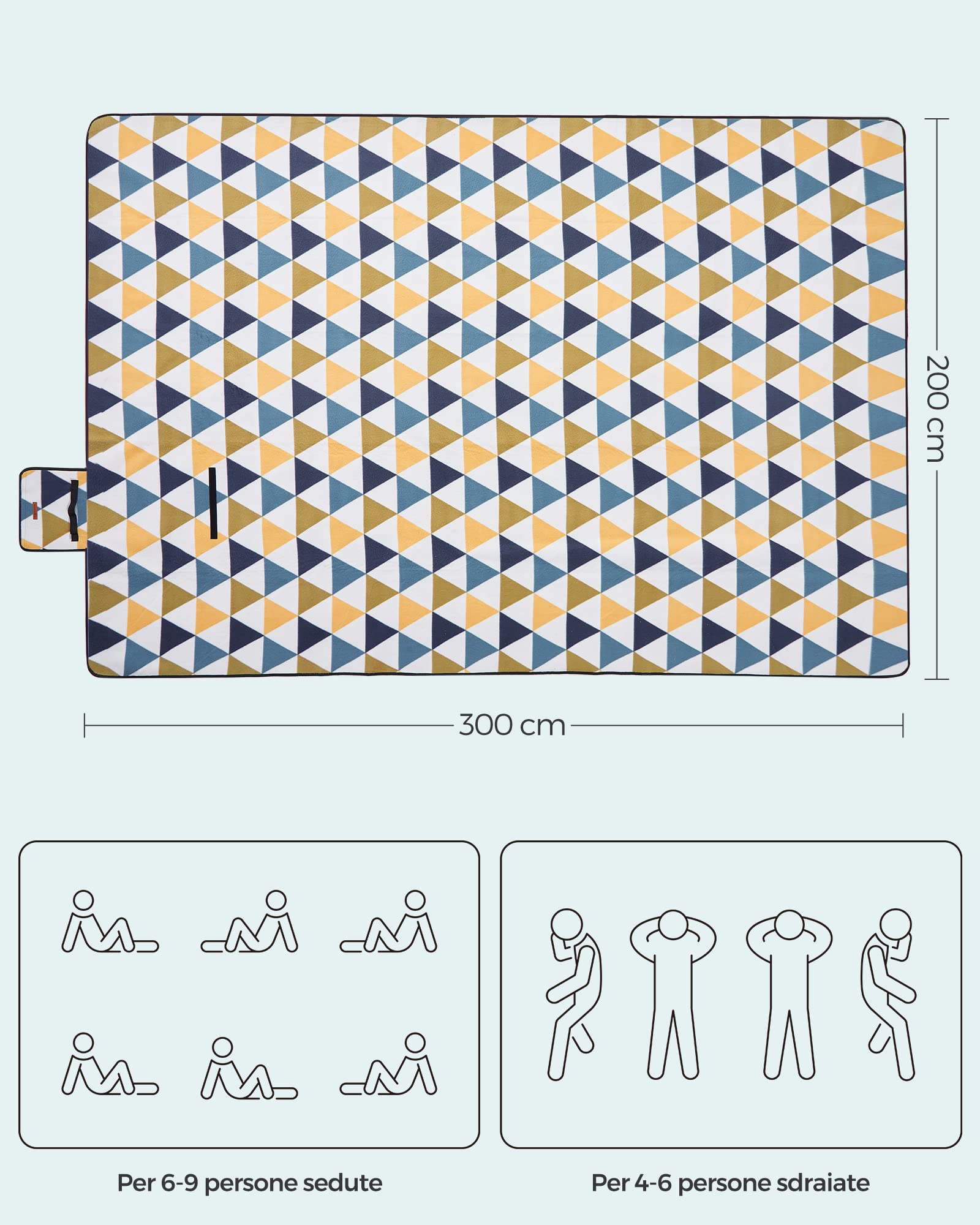 SONGMICS Coperta Picnic, 300 x 200 cm, Grande Telo da Campeggio, Parco, Giardino, Esterno, Spiaggia, Strato Impermeabile, Pieghevole, Motivo Triangolare Giallo e Blu GCM073Q01