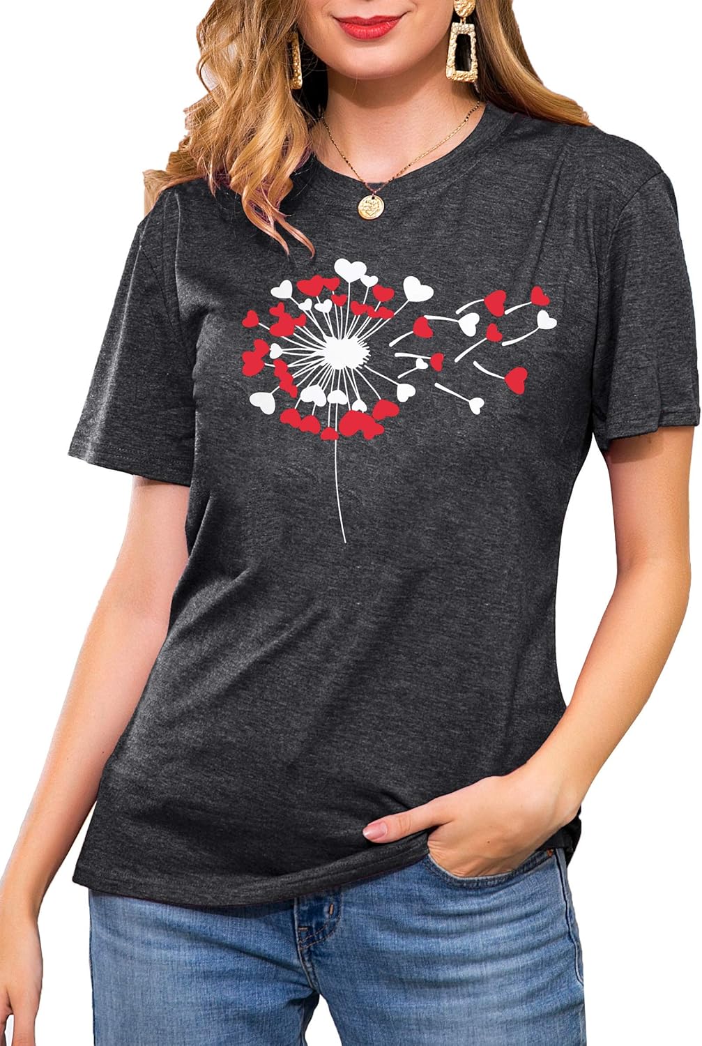 LHBNK Valentines Shirts for Womens Dandelion Tops Funny Love Heart Printed Tees Casual Valentine Gifts Clothes - Image 3