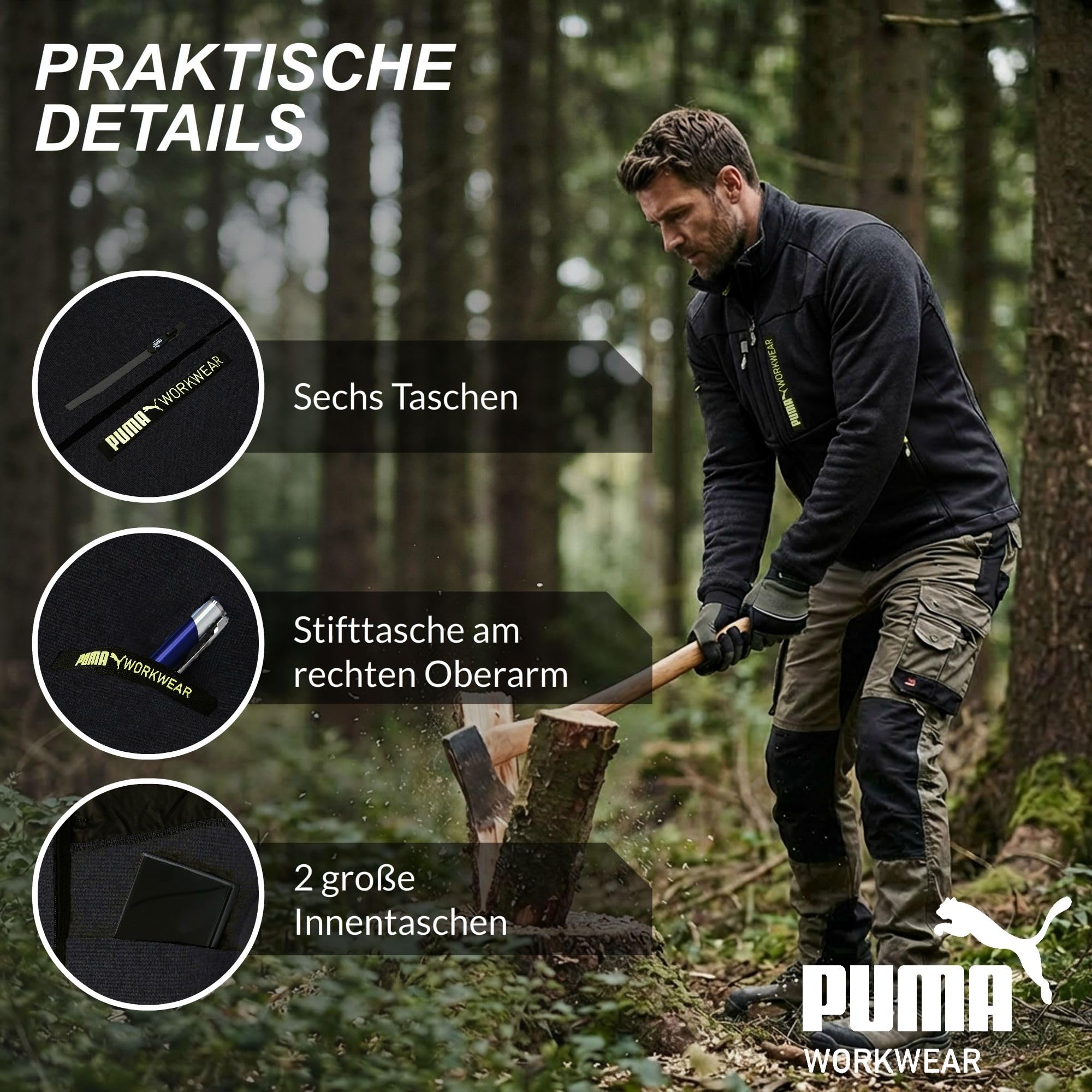 PUMA Workwear Fleecejacke Herren - Stehkragen - Verlängertes Rückenteil - Stifttasche am rechten Oberarm - 6 Taschen - Zwei Brust und Seitentaschen - Zwei große Innentaschen