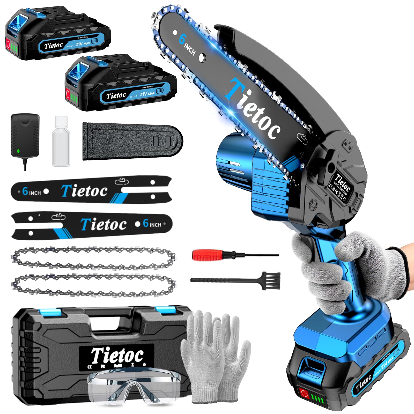 Tietoc Mini Chainsaw, 6 Inch Chain Saw Cordless, 880W Powerful Electric Handheld Chainsaw with Automatic Oiler, with 2 Batteries and 2 Chains, Tree Trimmer Gardening Tools Gift for Men, Father, Dad