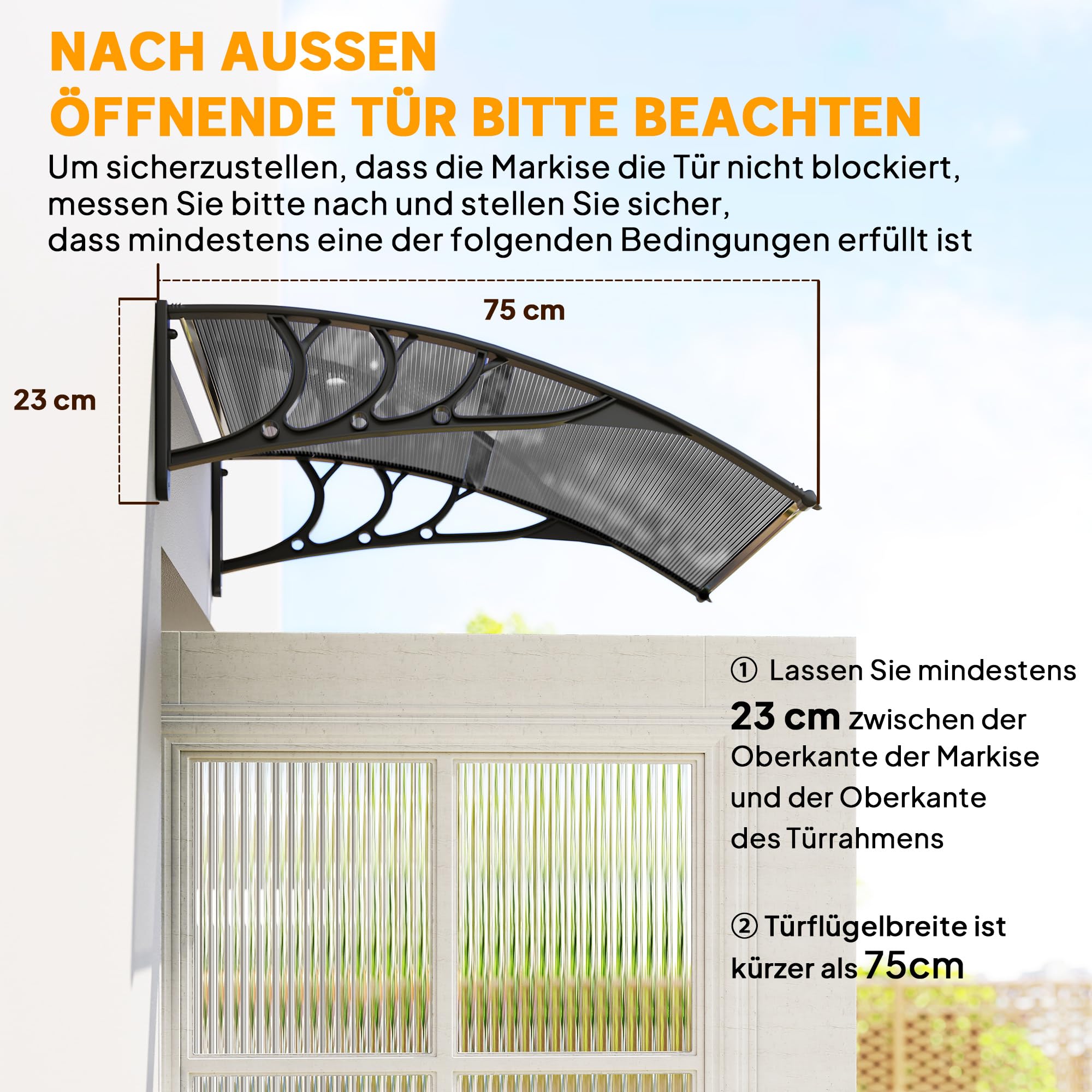 Outsunny Zadaszenie do drzwi wejściowych, 100 x 75 cm, zadaszenie z łukiem jednospadowym, z aluminium i poliwęglanu, zadaszenie drzwi wejściowych z ochroną UV, na balkon, ochrona przed słońcem