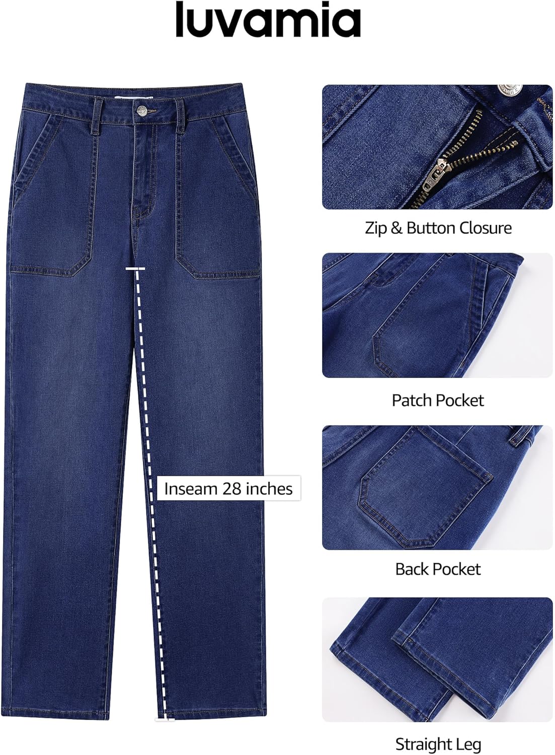 luvamia Straight Leg Jeans for Women Trendy High Waisted Stretchy Denim Pants Ankle Length Patch Pocket Trouser Jeans - Image 4