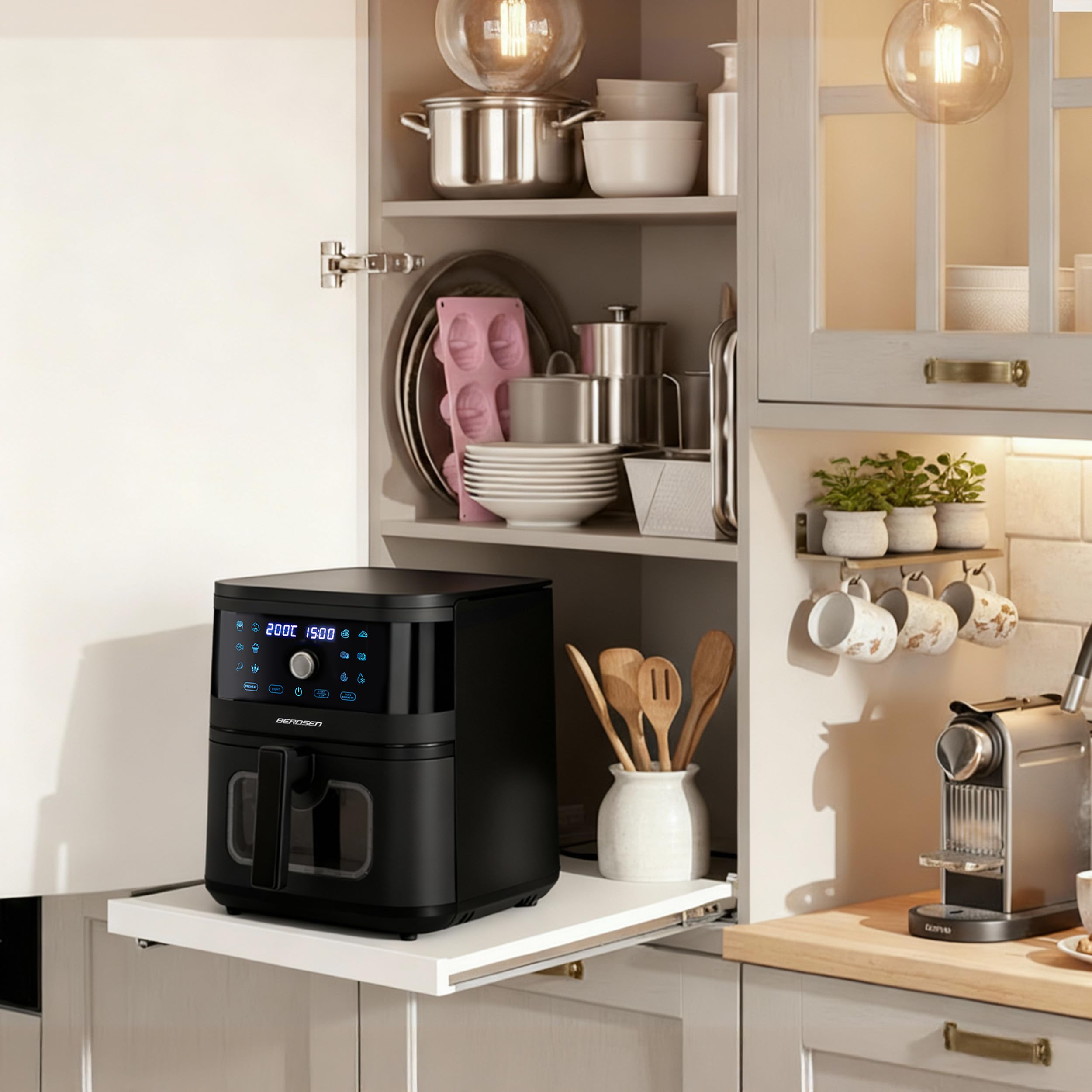 Berdsen Frytkownica Beztłuszczowa XXL 8L - Airfryer z Okienkiem i Ekranem Dotykowym - 1700W - 12 Programów - Zdrowo bez Tłuszczu - Czarna