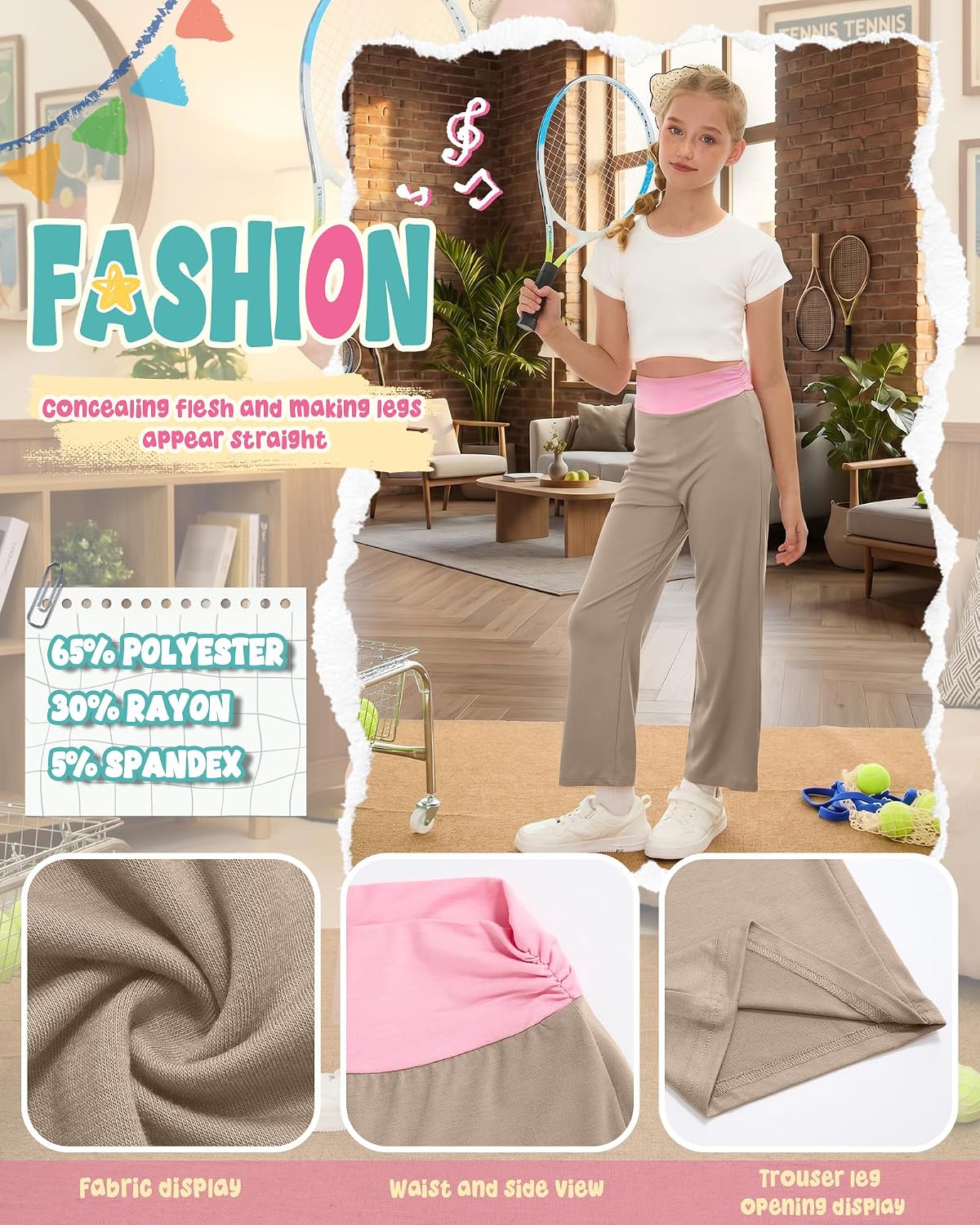 Langkawi 3 Pack Girls' Wide Leg Pants Fold Over Pants 5-14 Y image 5