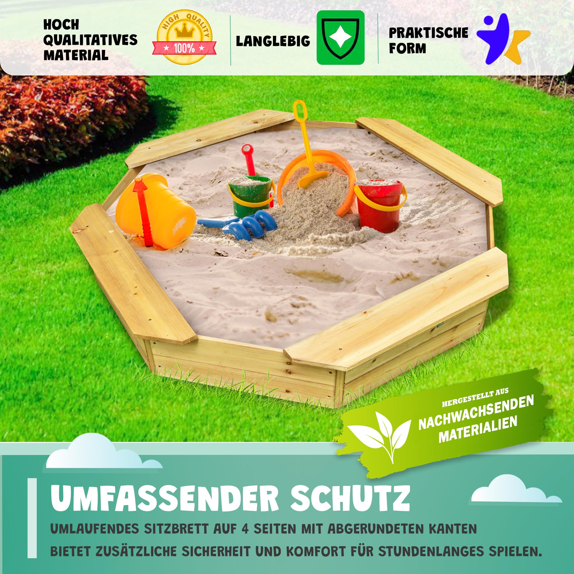 6-eckiger Sandkasten Sally Holz Braun inkl schwarzer Bodenplane 125x125x20 cm Sandkiste 4 Sitzbretter