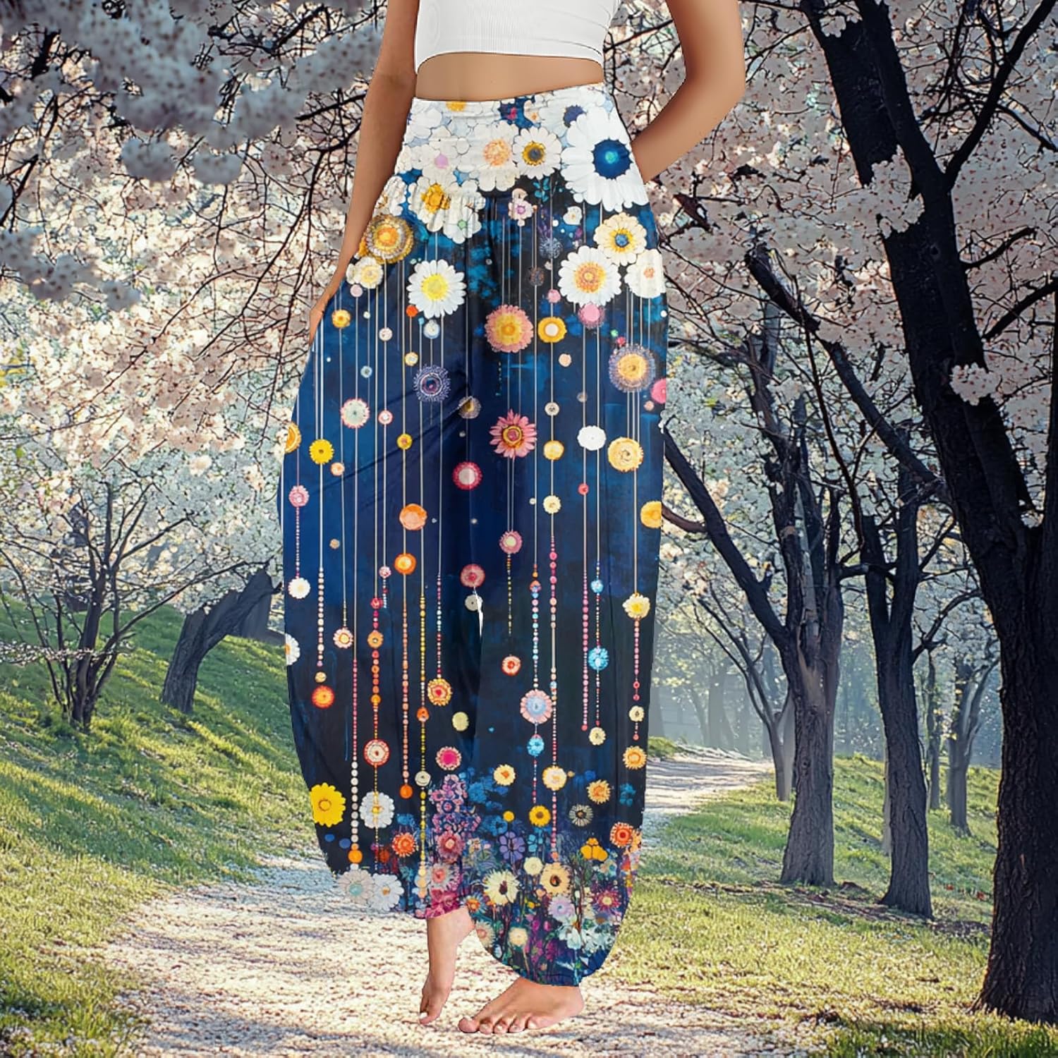 Boho Pants for Women Blue Floral Loose Fit Comfy Plus Size Elastic Waist Flowy Wide Leg Cropped Palazzo Trousers - Image 2