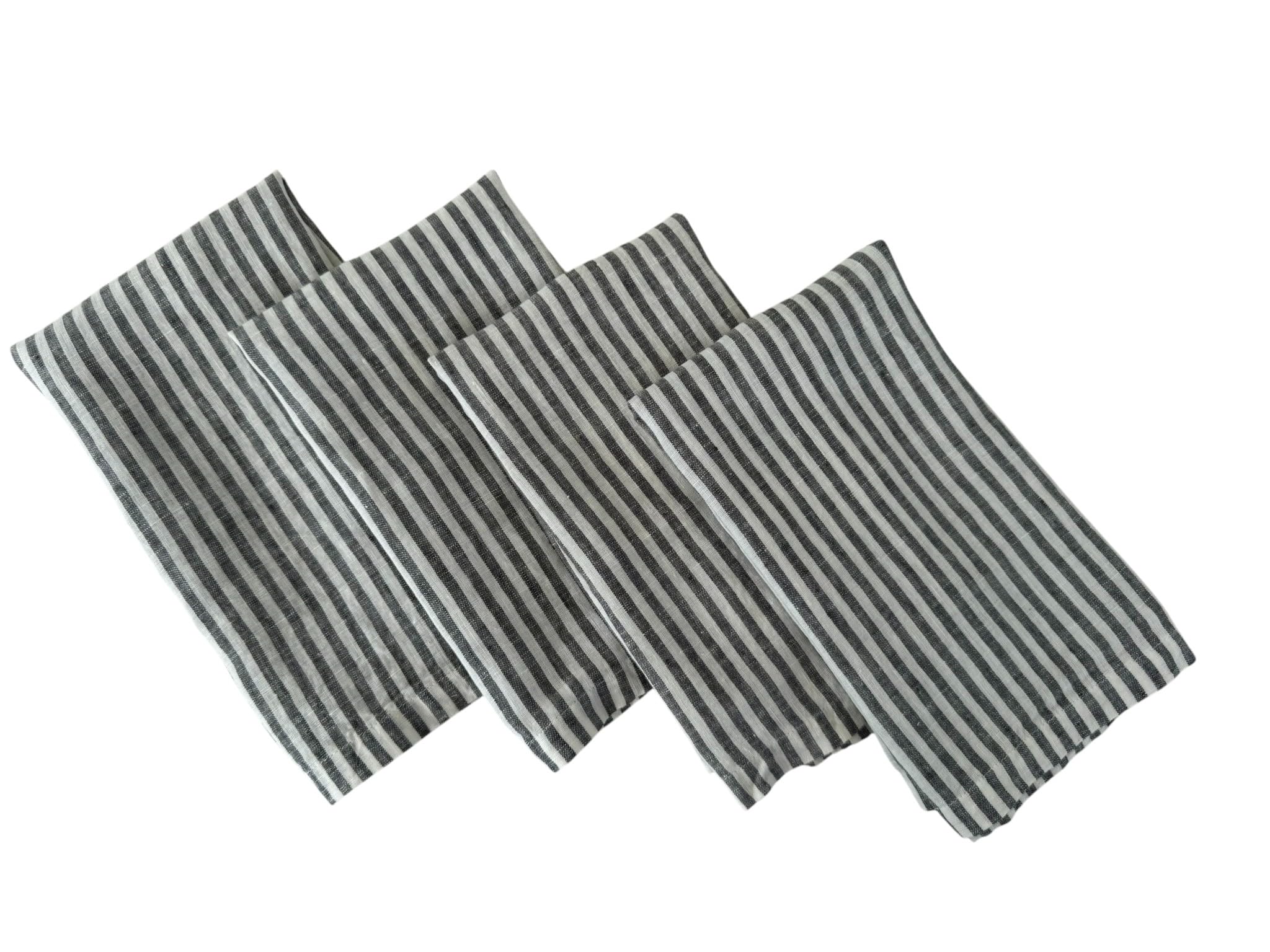 Eight Owls Charcoal Stripe Linen Napkins – 100% Pure Stonewashed Linen Cloth Napkins – Mitered Corners – Size 50Cm X 50Cm – Set Of 4 (Charcoal Stripe)