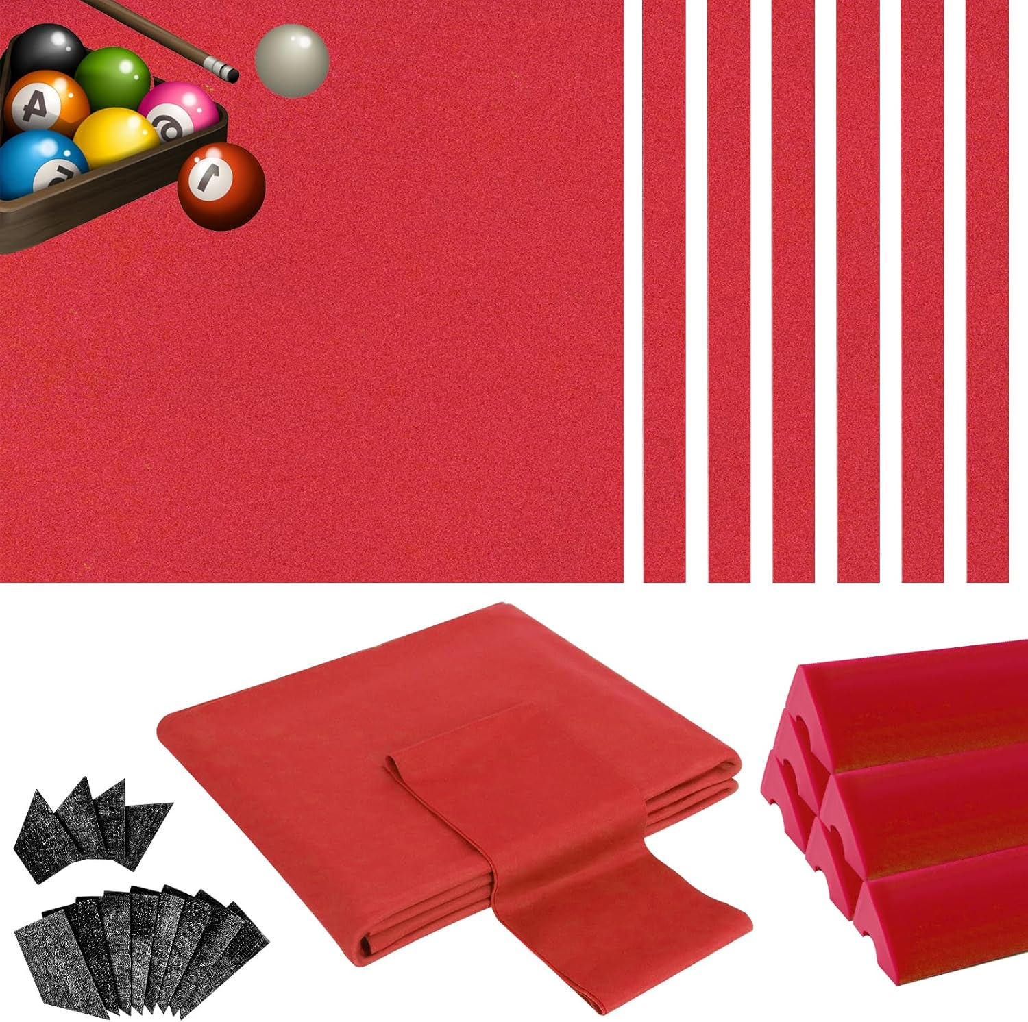 Podoy 8ft Pool Table Replacement Kit, Pool Table Bumpers (Set of 6) with Felt Cloth/Cushion Facings (Set of 12) for Billiard Rail Rubber Bumpers Home & Pro Use Billiard Rail & Pocket Accessories