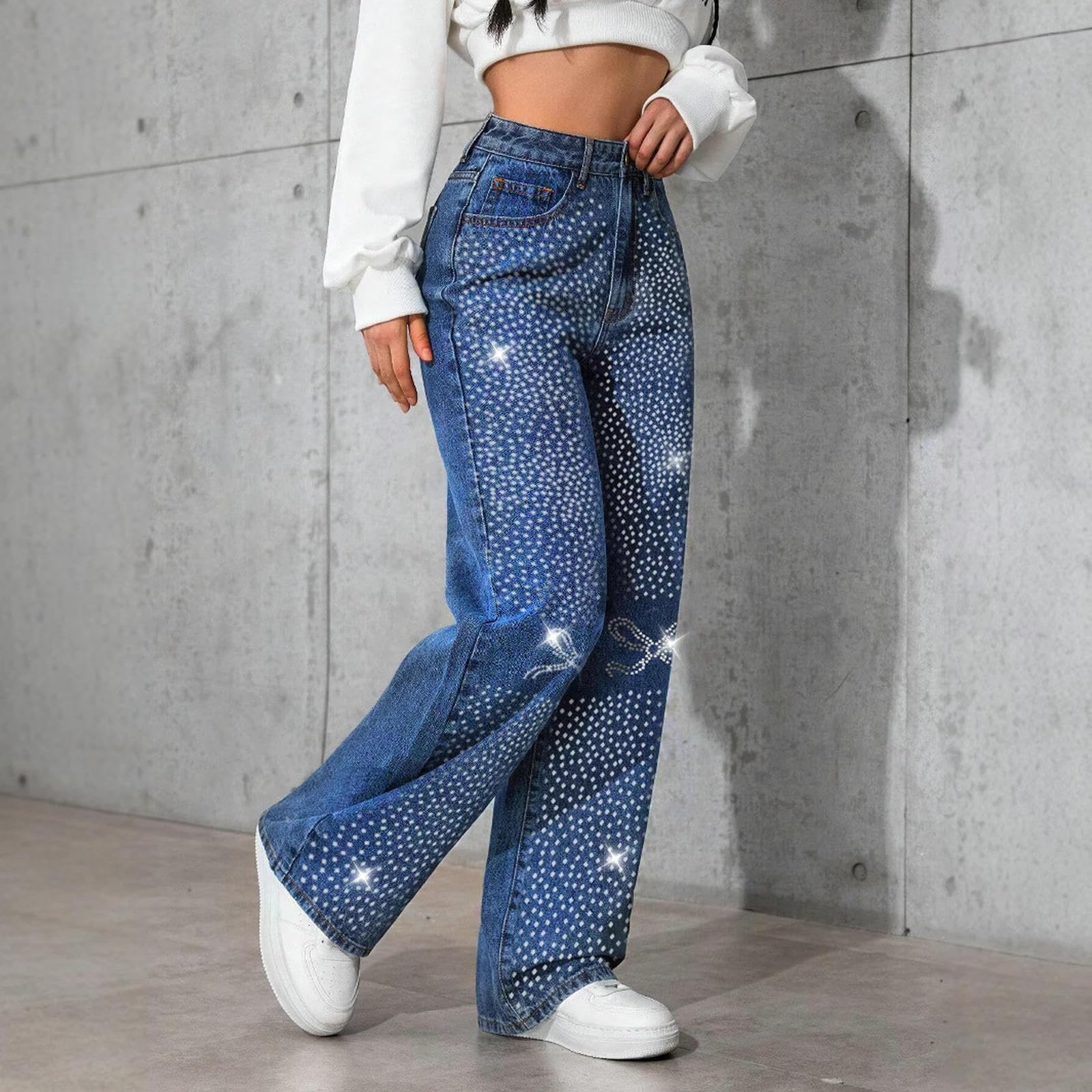 Dżinsy damskie w stylu vintage, luźne, proste, z motylami – kamienie strasu