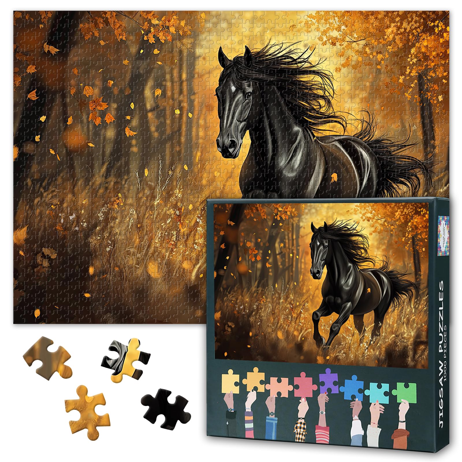 Horse Jigsaw Puzzles 1000 Pieces, A Dark Brown Horse is Galloping in the Autumn Scenery Jigsaw Puzzles for Adults 1000 Pieces, Impossible Art for Animal Puzzle Lovers Gift Wall Decor 20x27 inches — image 1
