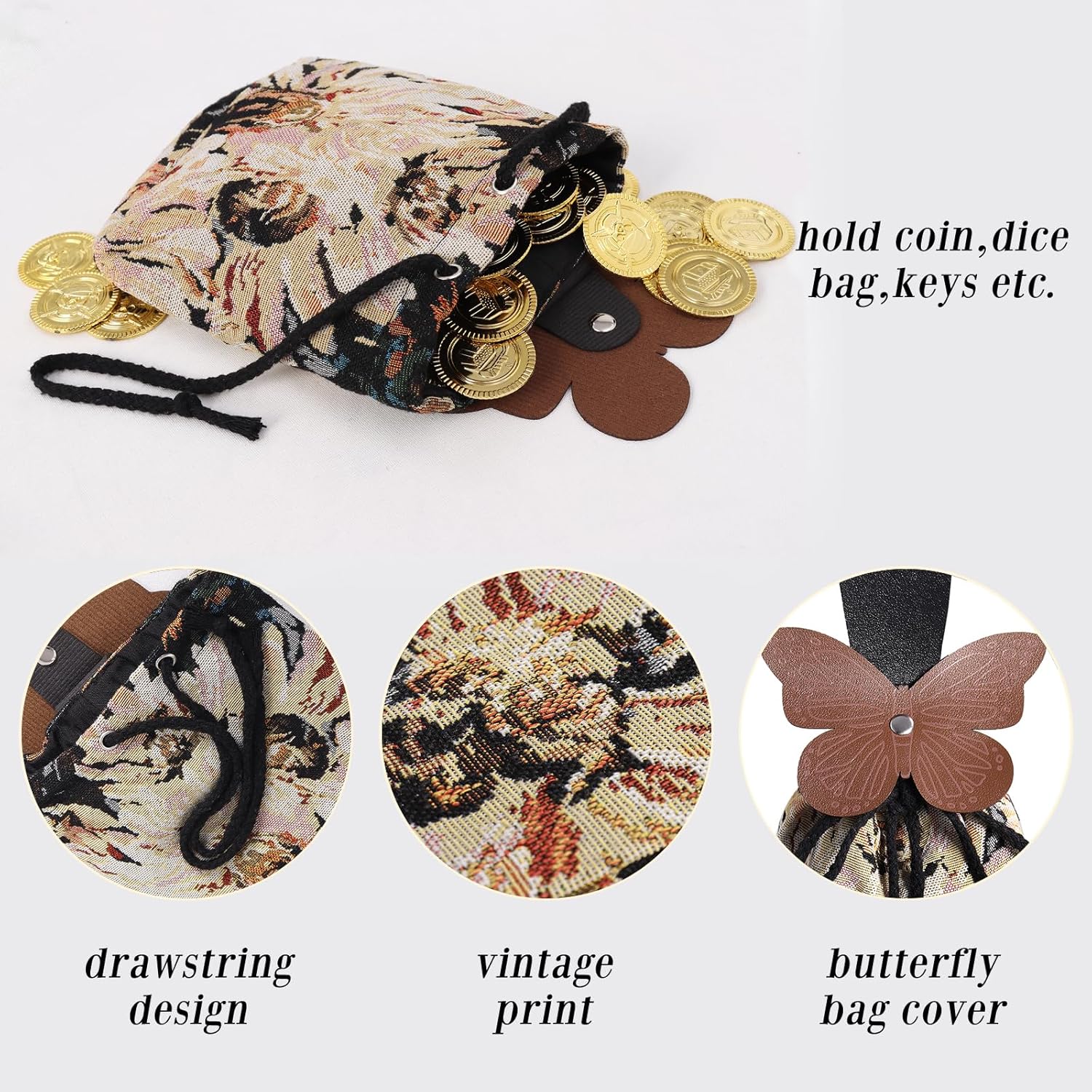 Renaissance Belt Pouch Ren Faire Pack Medieval Butterfly Waist Bag Vintage Coin Purse LARP Halloween Accessories (D) - Image 3
