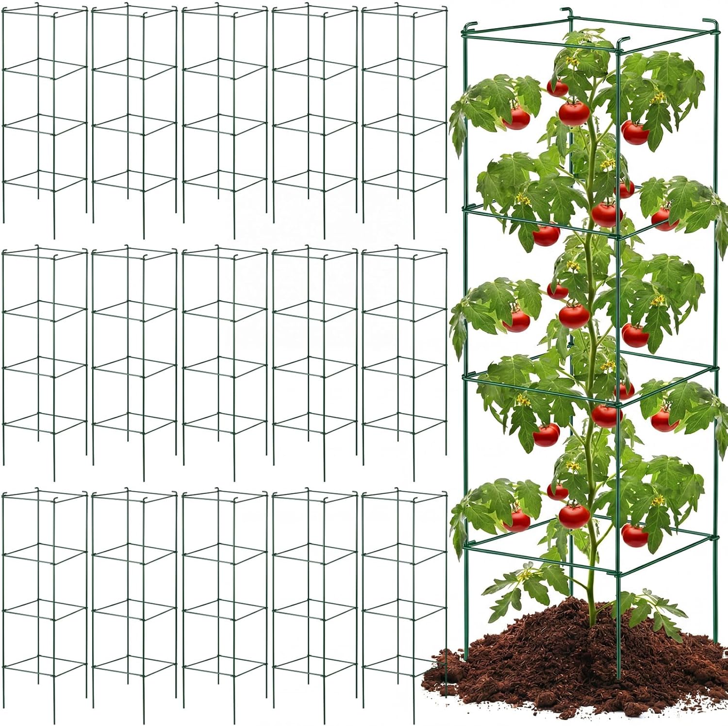 Hicarer 16 Pack Square Tomato Cage Heavy Duty Tomato Cages for Garden Vegetable Plant Trellis Stakes Plant Support Stake Tower for Climbing Vegetables Plants Flowers Fruit (11.5 x 46 Inches,Silver)