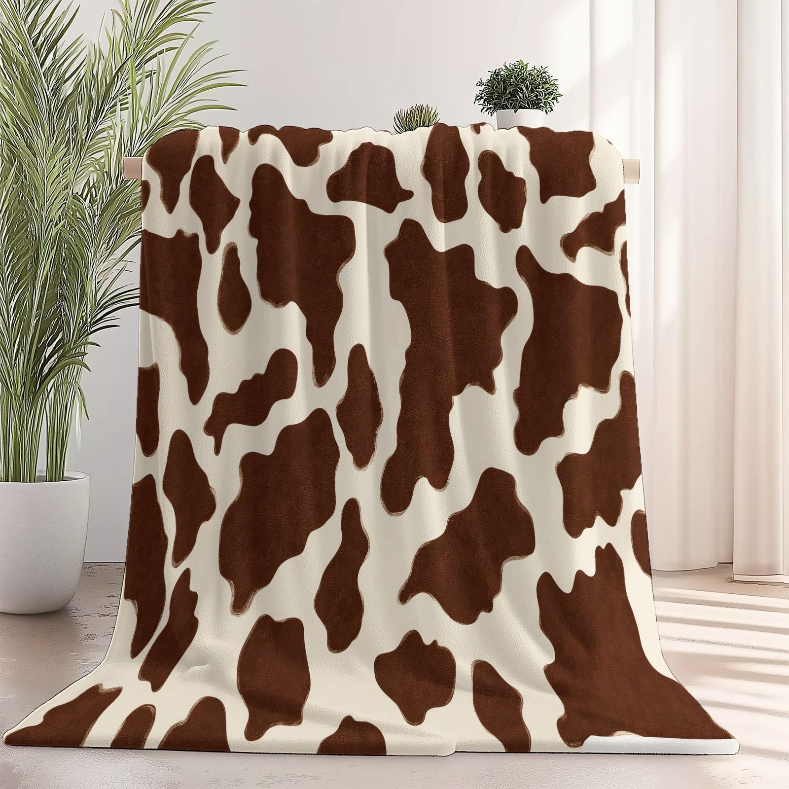 Plaid lit et canapé anti-froid grande couverture flanelle motif vache marron doux