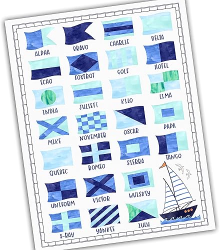 Nautical Theme Nursery Bedroom Art - Nautical Flags ABCs - Naval Military Phonetic Alphabet Alpha Bravo Charlie - Ocean Anchor Sailboat - UNFRAMED