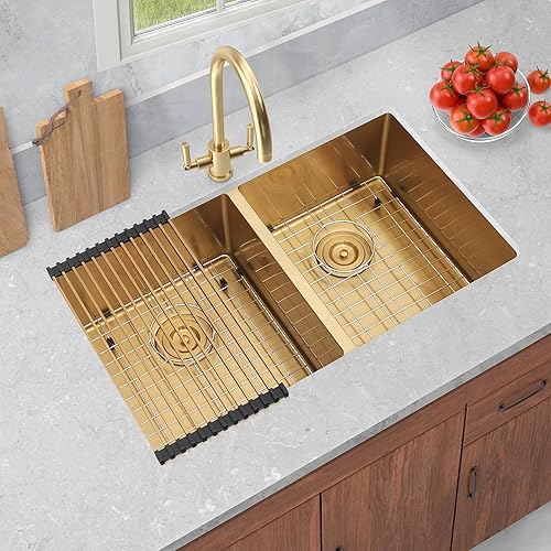 Miniatura 9 de LQS Fregadero de cocina de montaje inferior de 31 pulgadas, fregadero de cocina dorado, fregaderos de acero inoxidable con fregaderos, accesorios