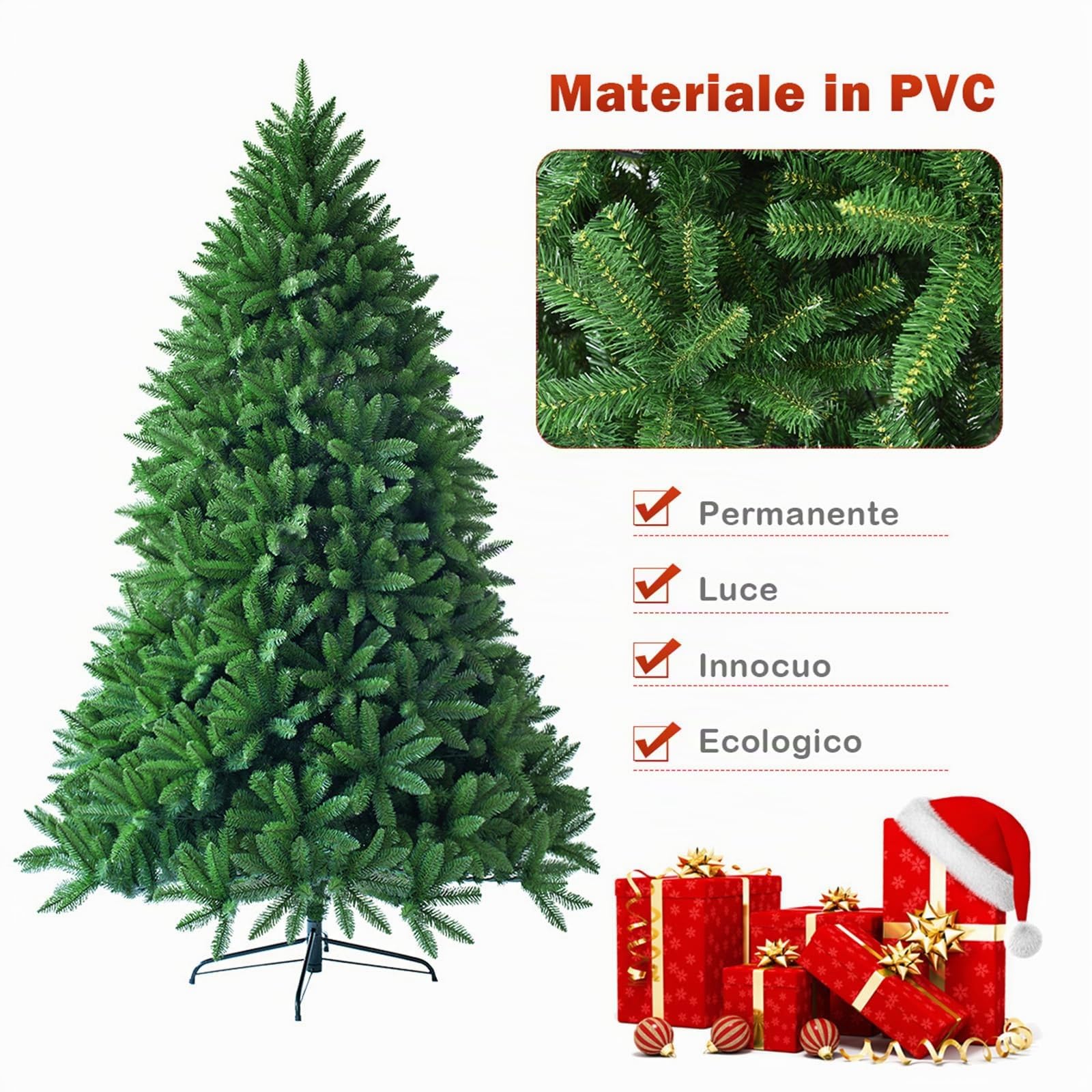 COSTWAY Albero di Natale 150/180/225 cm, Albero di Natale Artificiale con 600/1250/1968 Rami e Supporto in Metallo, Decorazione Natalizia per Casa, Ufficio e Negozio (180 CM)