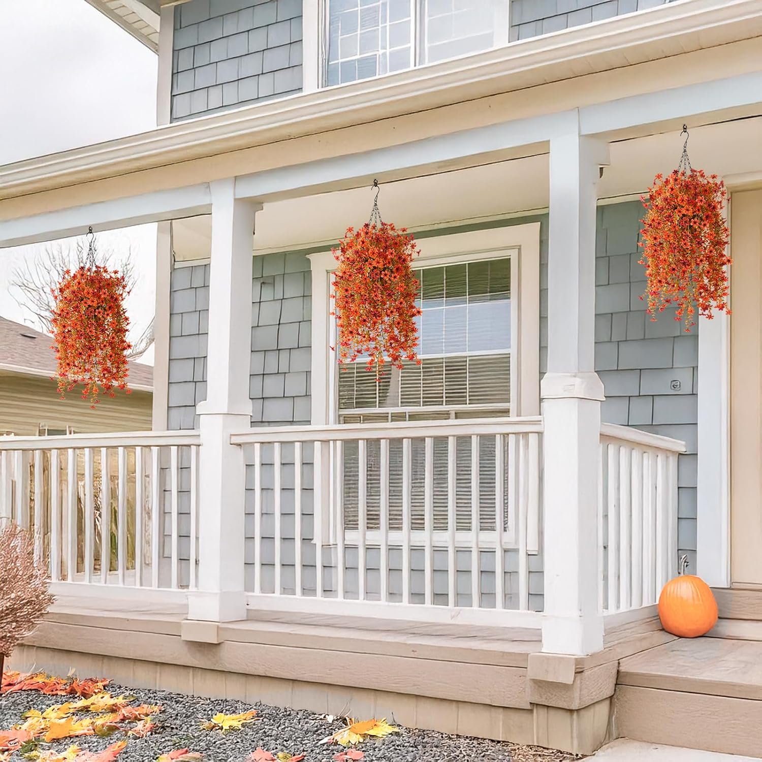 INQCMY Artificial Fall Fake Flowers for Outdoor Fake Hanging Decoration,2PCS Faux Mums Silk Flower with Autumn Leaves UV Resistant No Fade for Home Planter Porch Patio Yard Balcony Garden(Orange Red) - Image 7