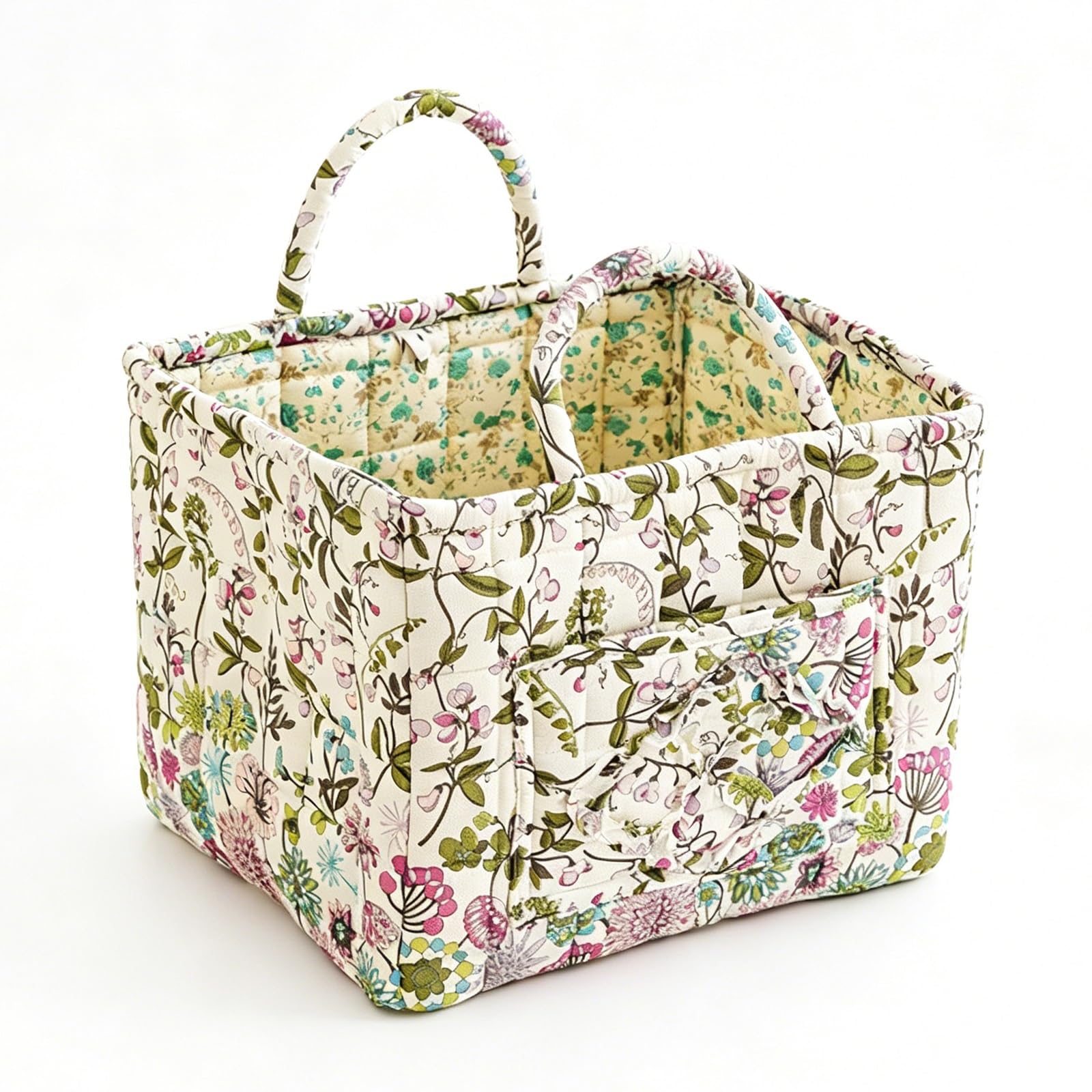 Quilted Vintage Floral Fabric Storage Basket with Ruffle Front Pocket & Reinforced Padded Handles, 23L Large Foldable Decorative Organizer Bin for Closet Bedroom Clothes Sundries(1538)