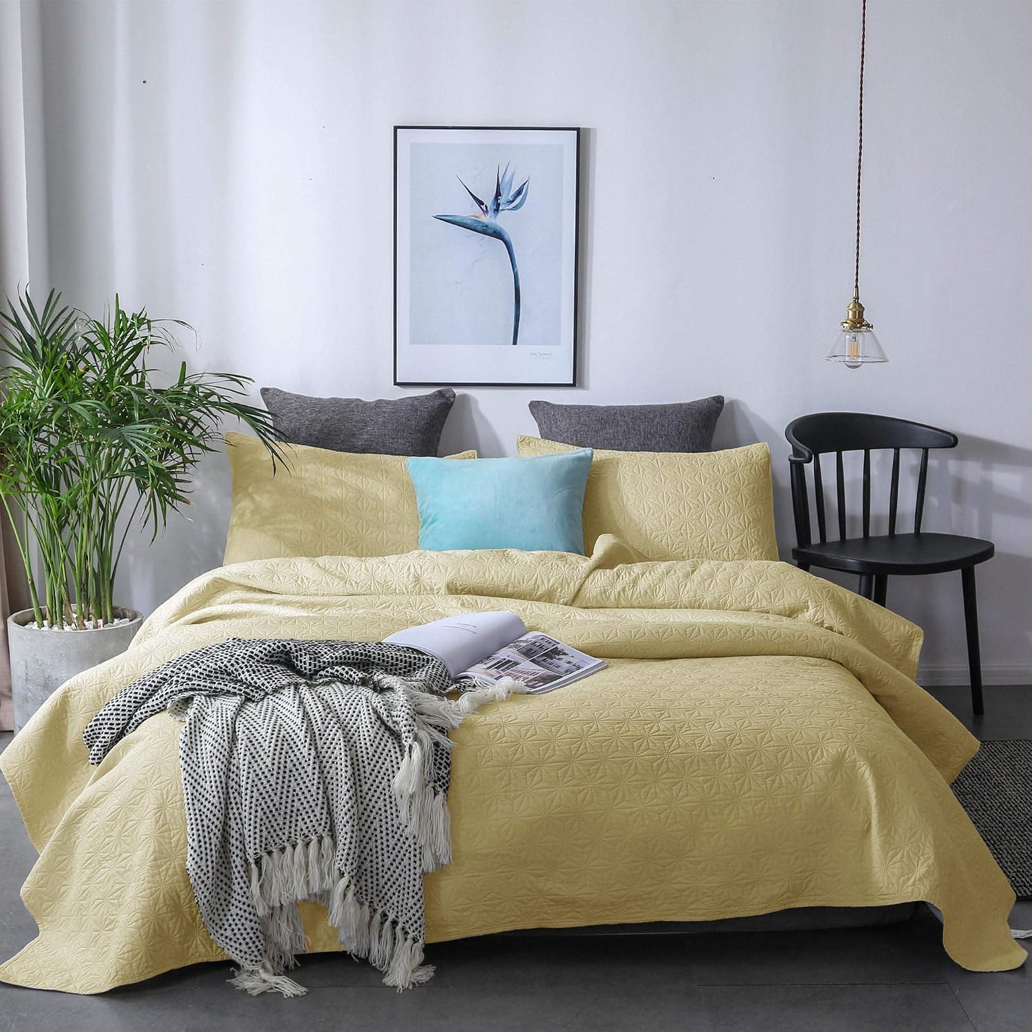 KASENTEX Coverlet Quilt Set-Pre Washed-Luxury Microfiber Soft Warm Bedding-Solid Colors Bedspread-Contemporary Design (Sunshine Yellow, Twin + 1 Sham)