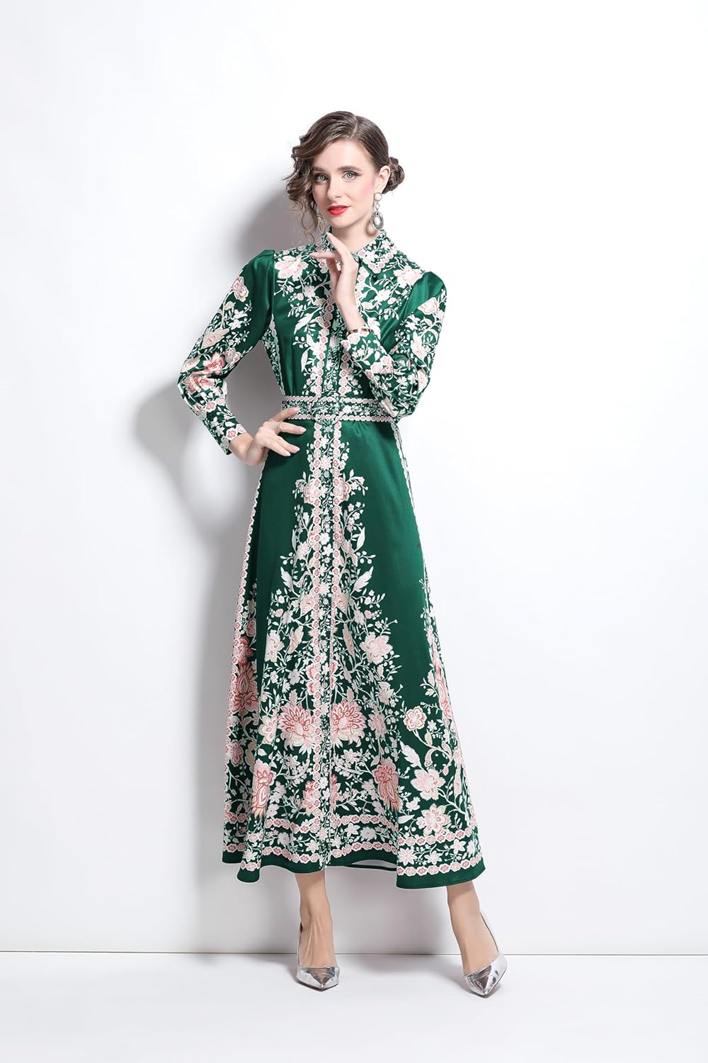 LAI MENG FIVE CATS Women's Vintage Floral Print Belt Maxi Dress Flowy Casual Button Up Split Long Dress - Image 2